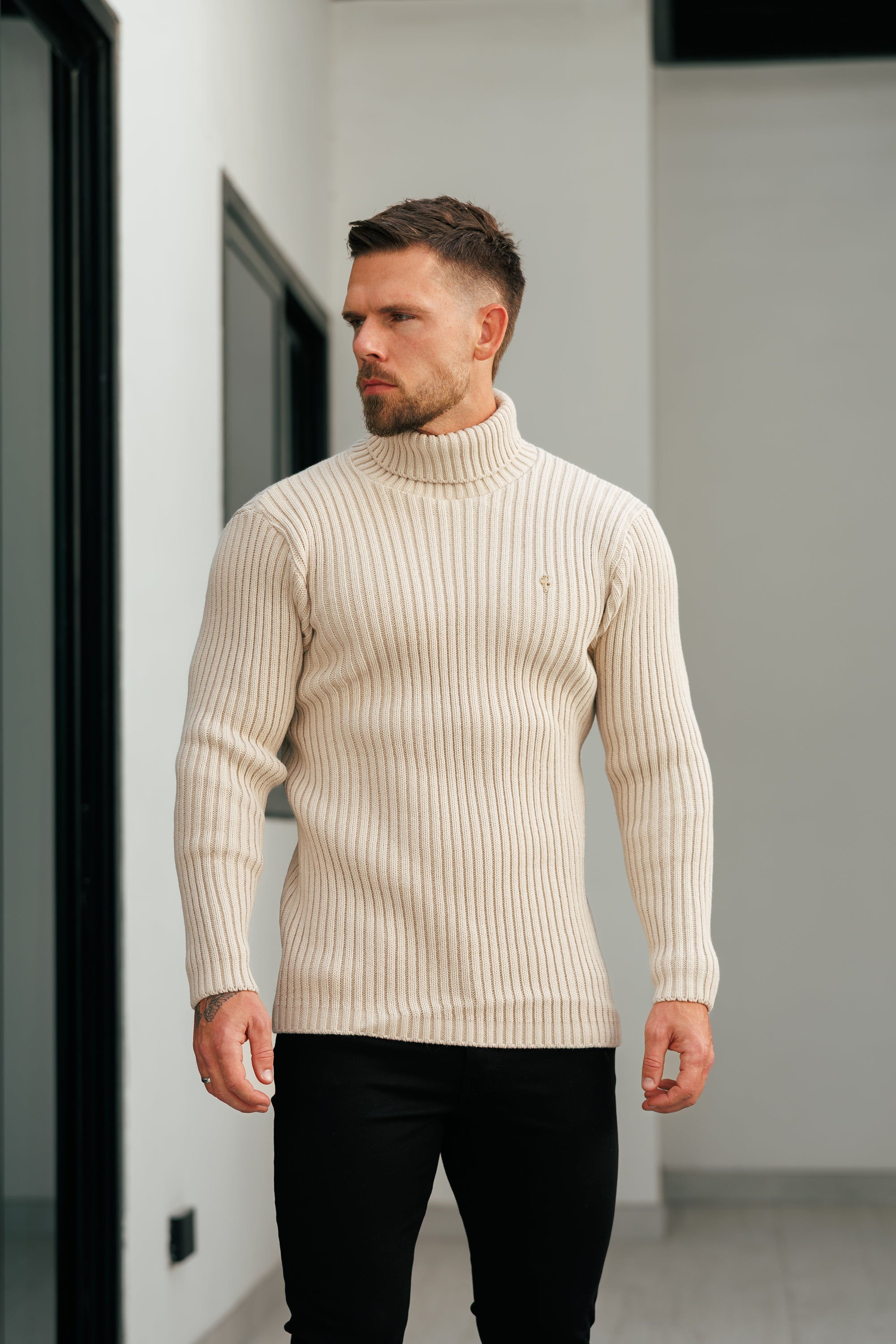 Ribbed Knit Beige Roll Neck Jumper - FSJ112
