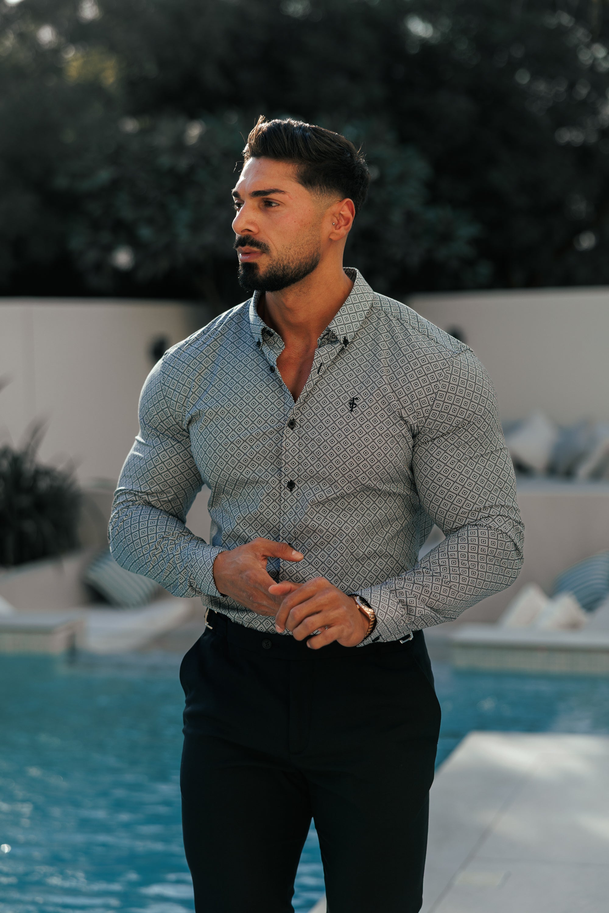 Super Slim Stretch Black / White Diamond Print Long Sleeve with Button Down Collar - FS1226