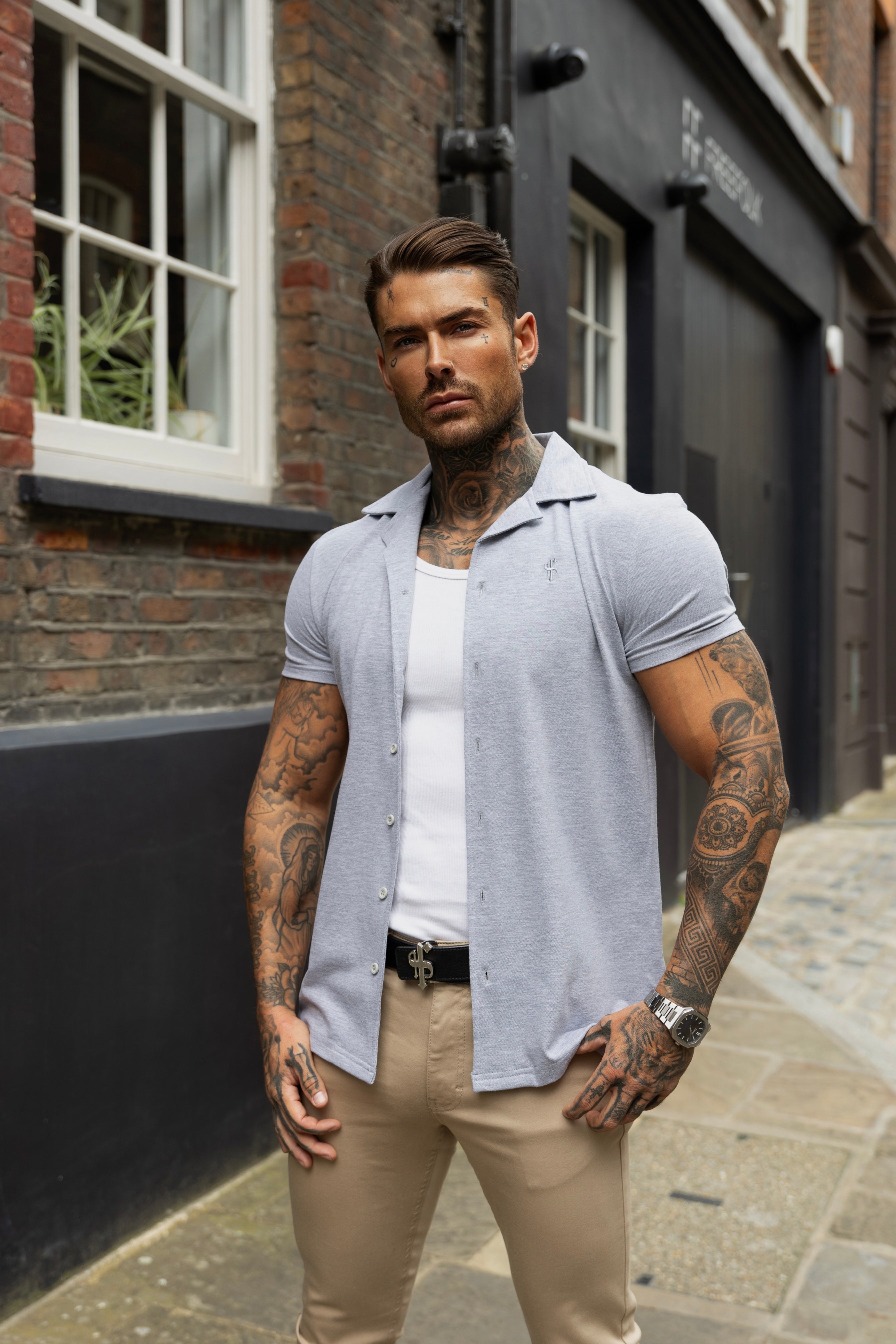 Stretch Burgundy Pique Revere Shirt Short Sleeve - Tonal Emb