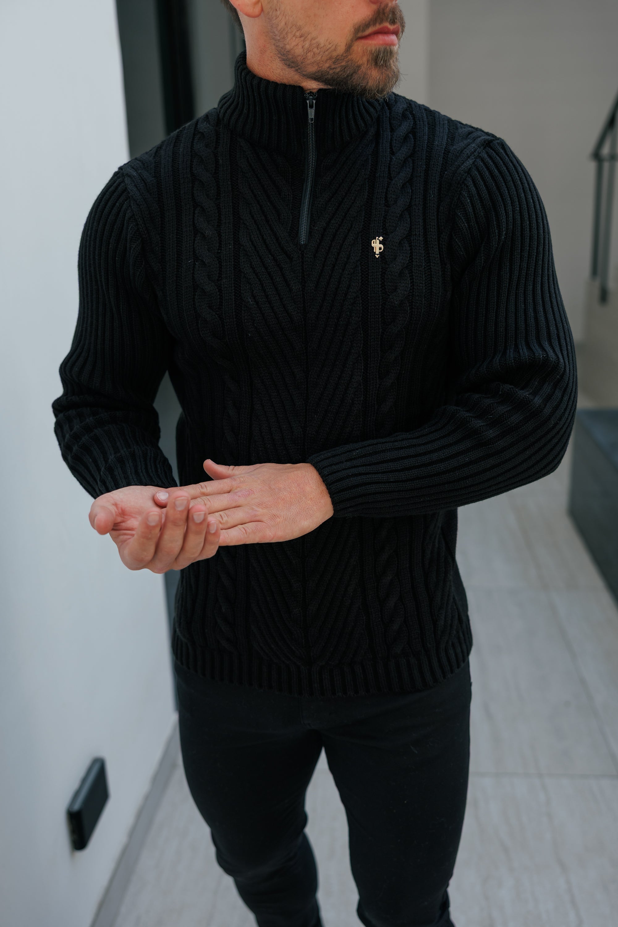 Funnel Neck Jumper with Quarter Zip Black -  FSJ155