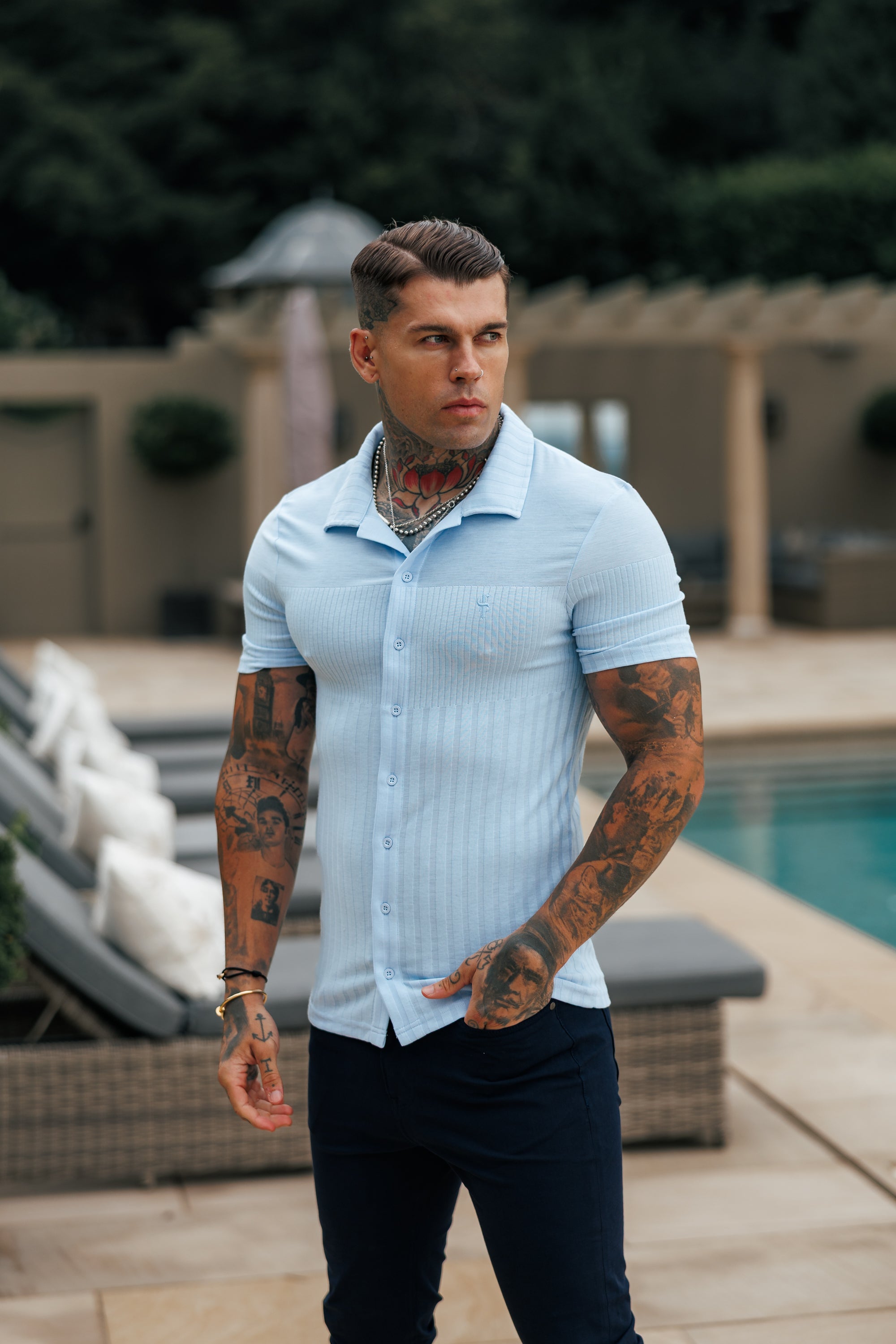 Jersey Revere Vertical Stripe Light Blue Shirt Short Sleeve - FSR027
