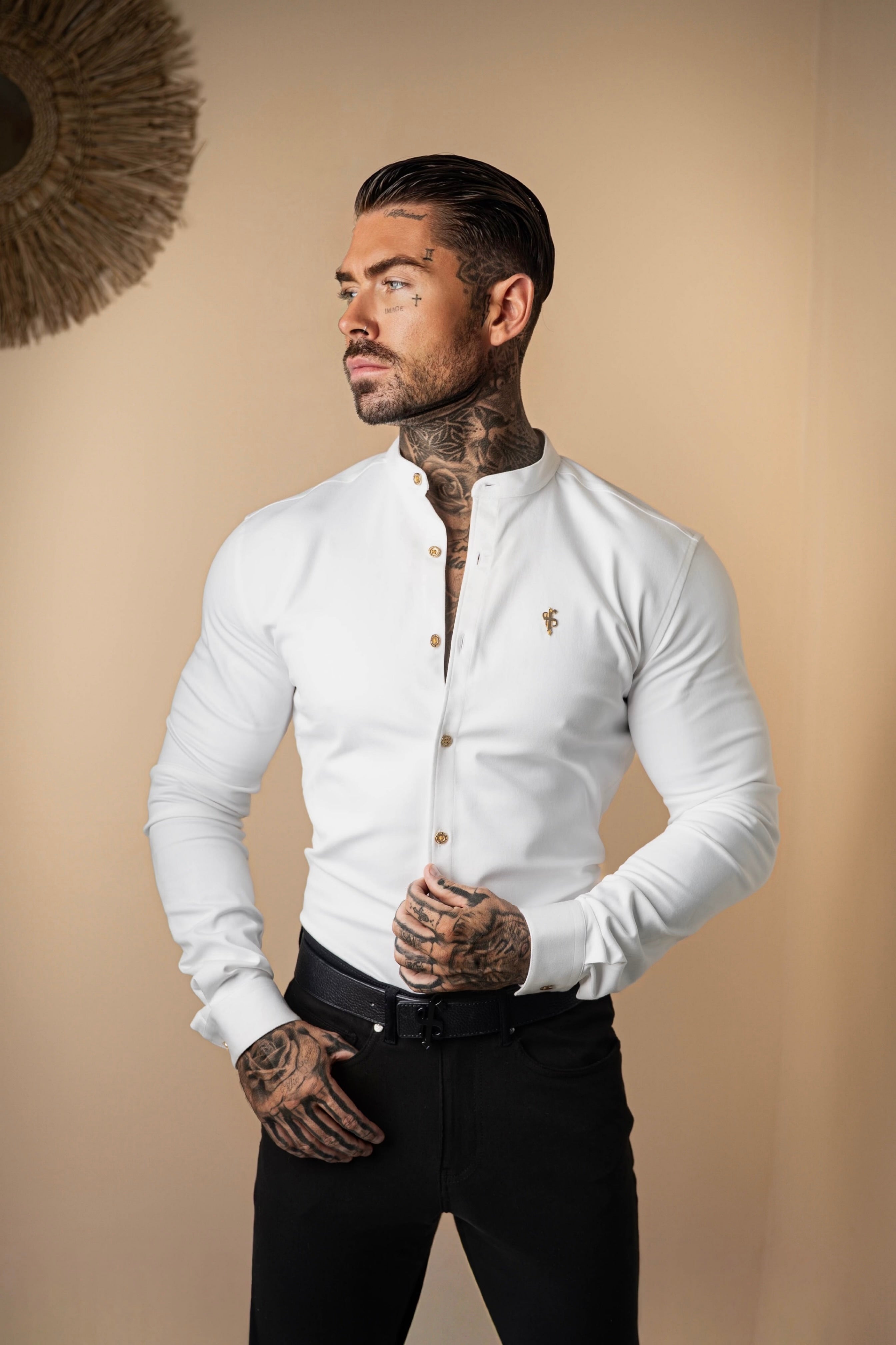 Super Slim Stretch White Denim Long Sleeve Grandad collar with Metal Buttons and Decal Emblem - FS719