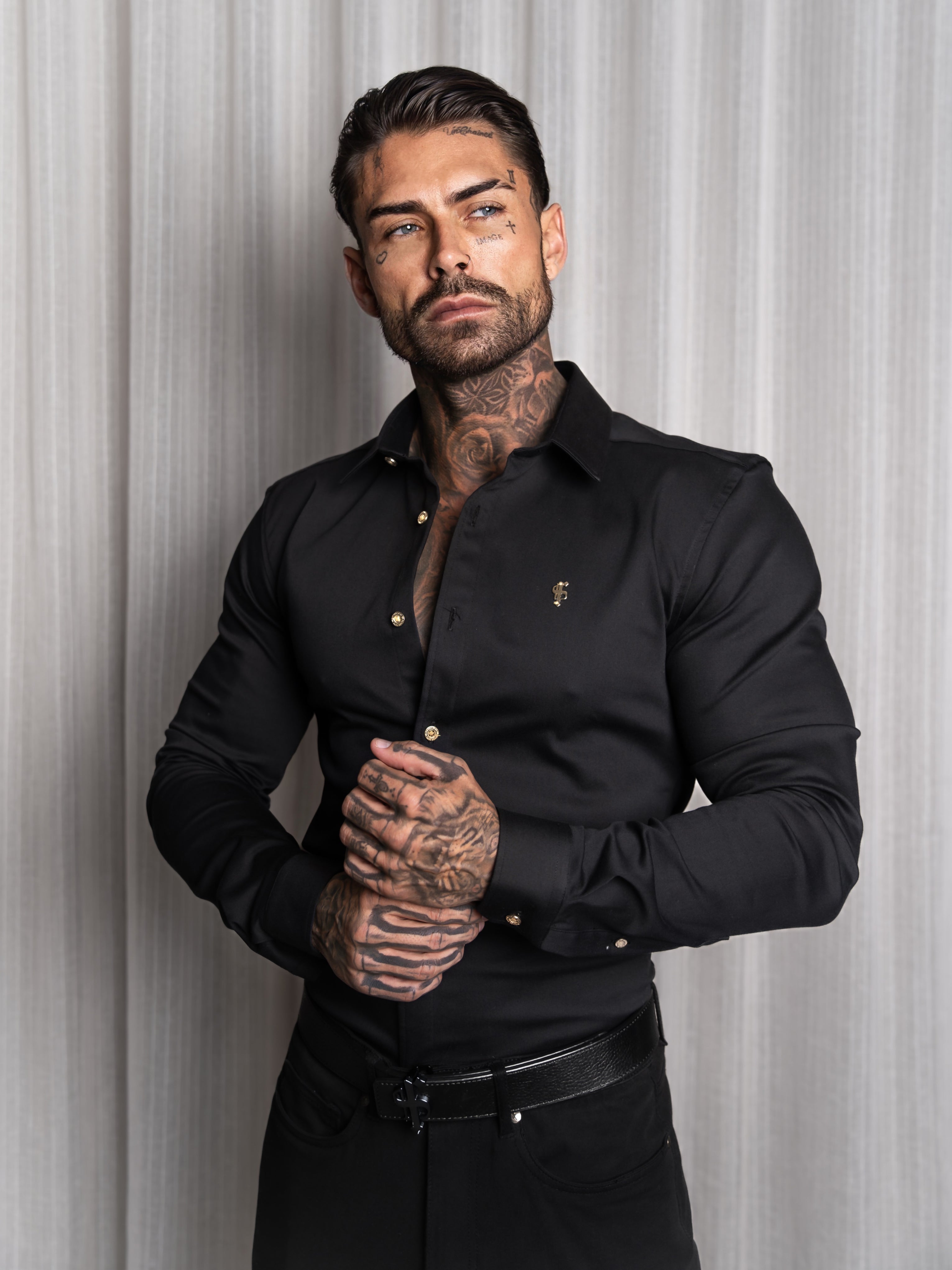 Super Slim Stretch Black Denim Long Sleeve with Gold Metal Decal and Buttons - FS923