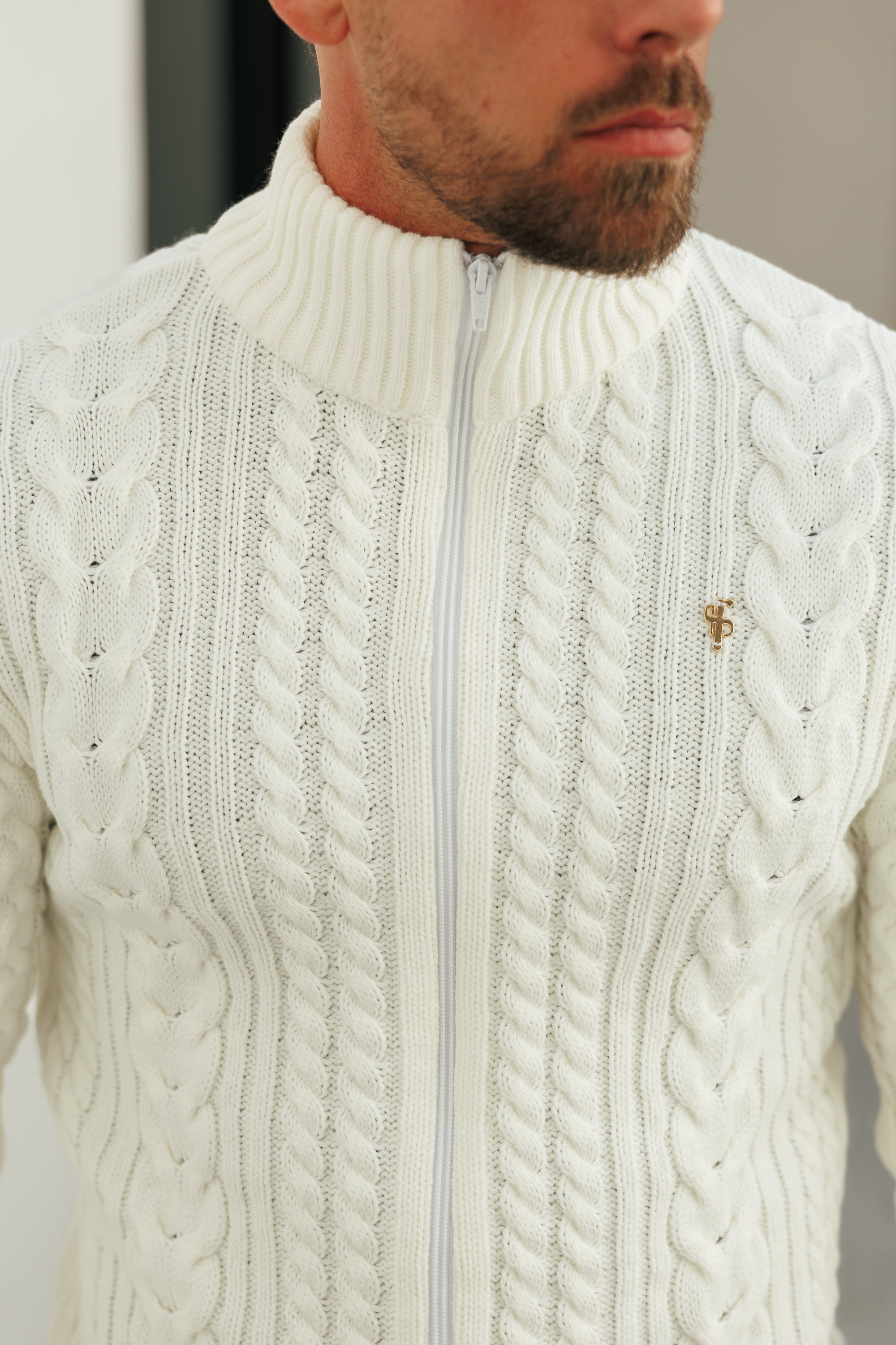 Chunky Zipped Cardigan Cream -  FSJ143