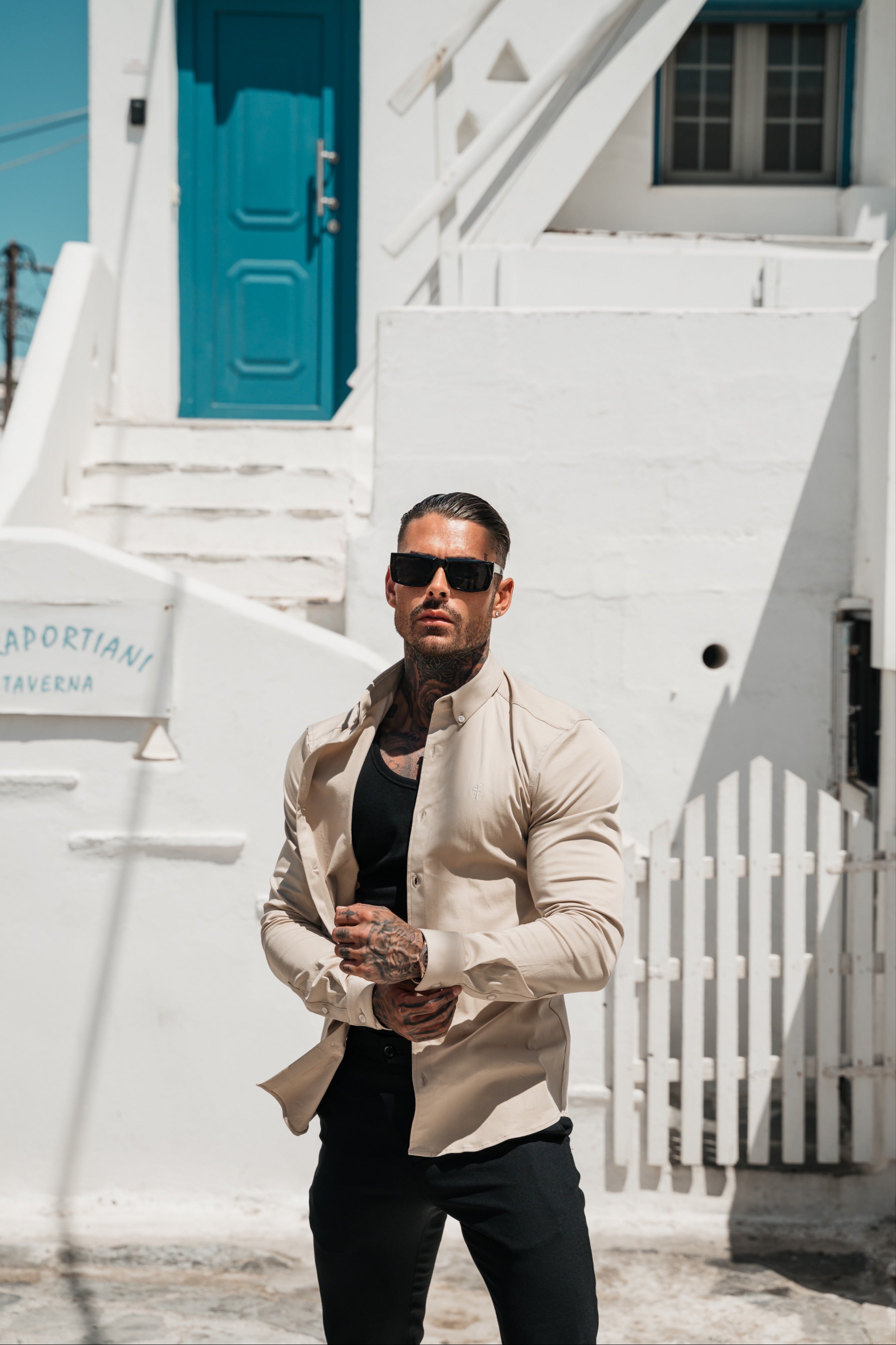 Super Slim Stretch Plain Beige Long Sleeve With Button Down Collar - FS983