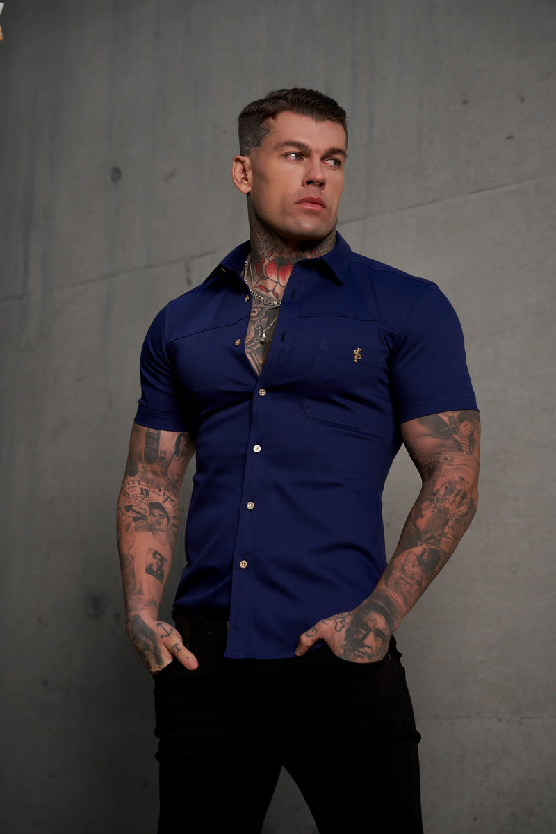 Father Sons Super Slim Stretch Navy Denim Short Sleeve with Horizontal Seam and Pocket- FS959