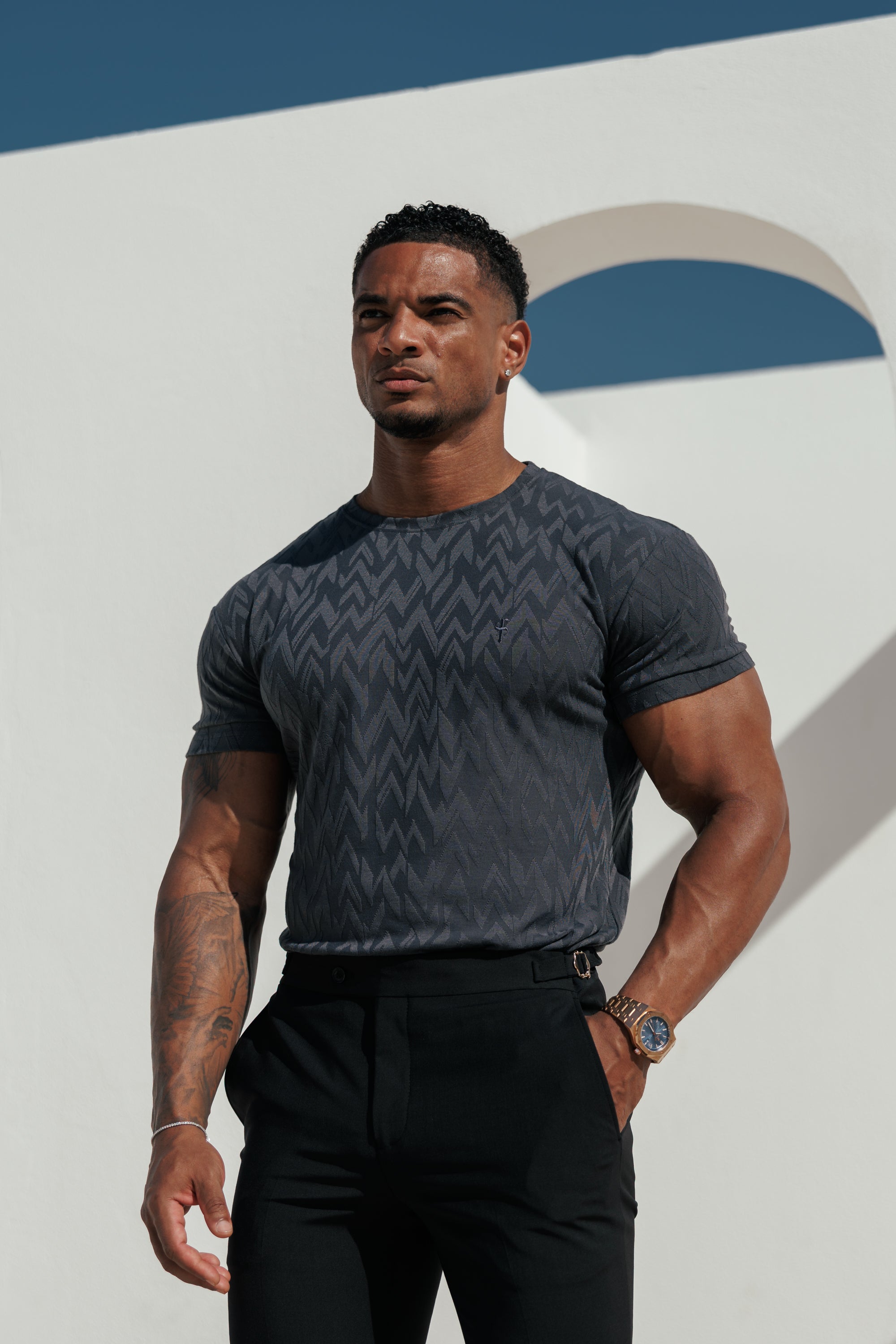 Regular Fit Jacquard Charcoal Chevron T-Shirt - FSR047