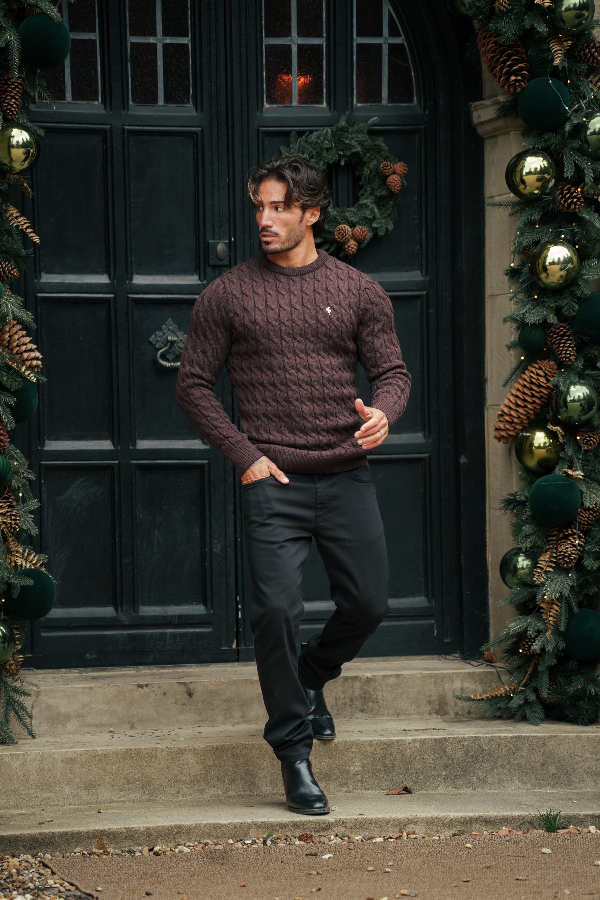 Link Weave Knit Brown Crew Neck Jumper - FSJ141