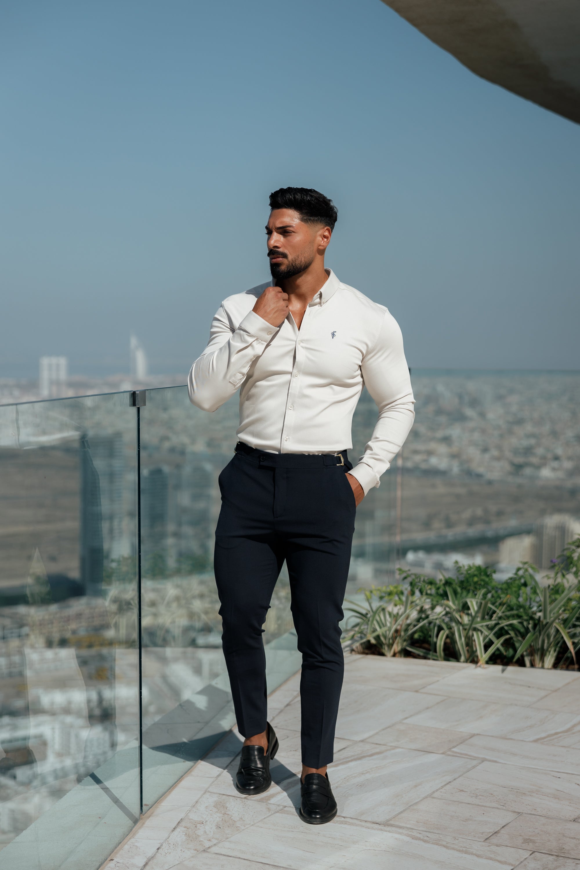 Super Slim Stretch Oatmeal Denim Long Sleeve With Button Down Collar - FS1024