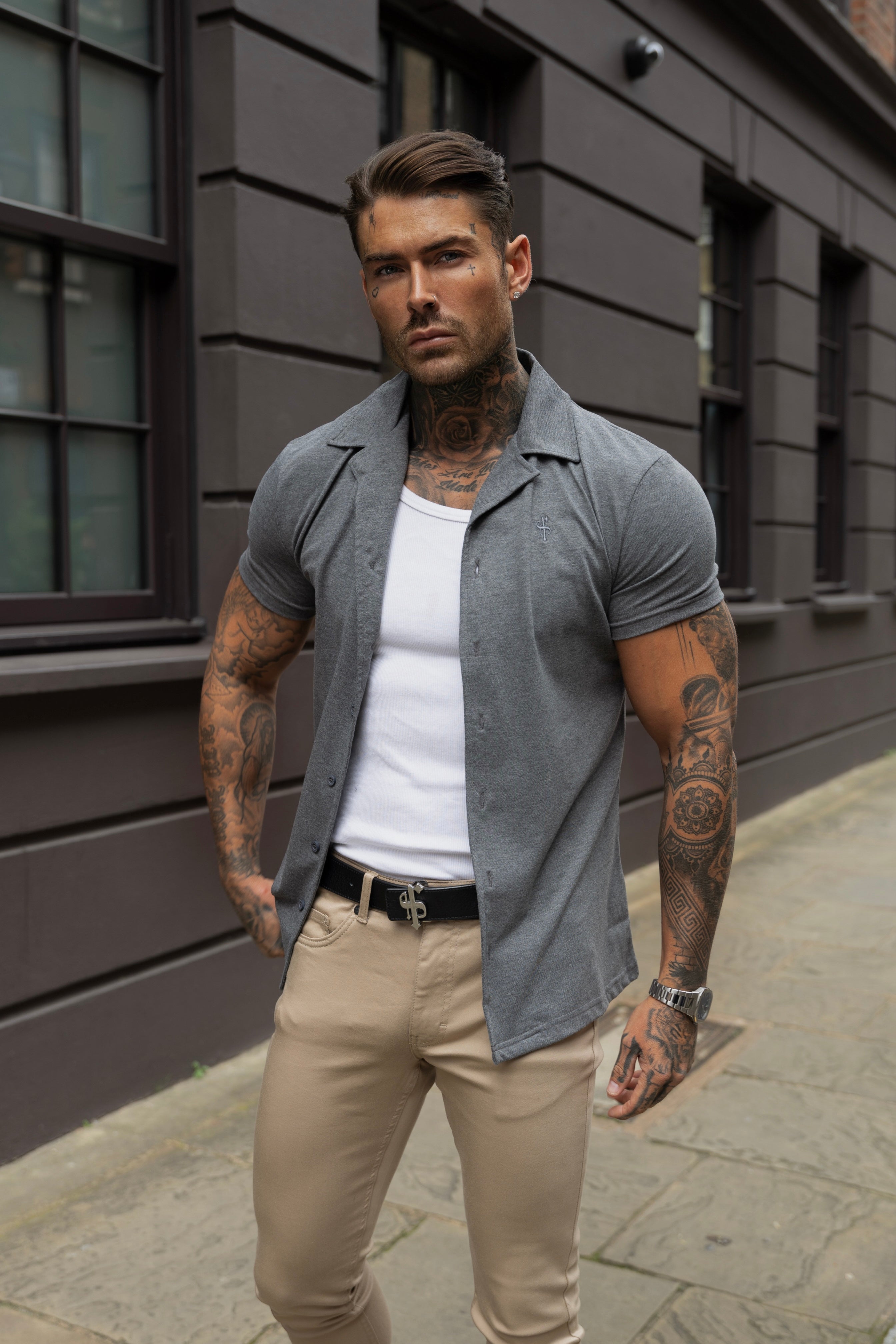 Stretch Burgundy Pique Revere Shirt Short Sleeve - Tonal Emb
