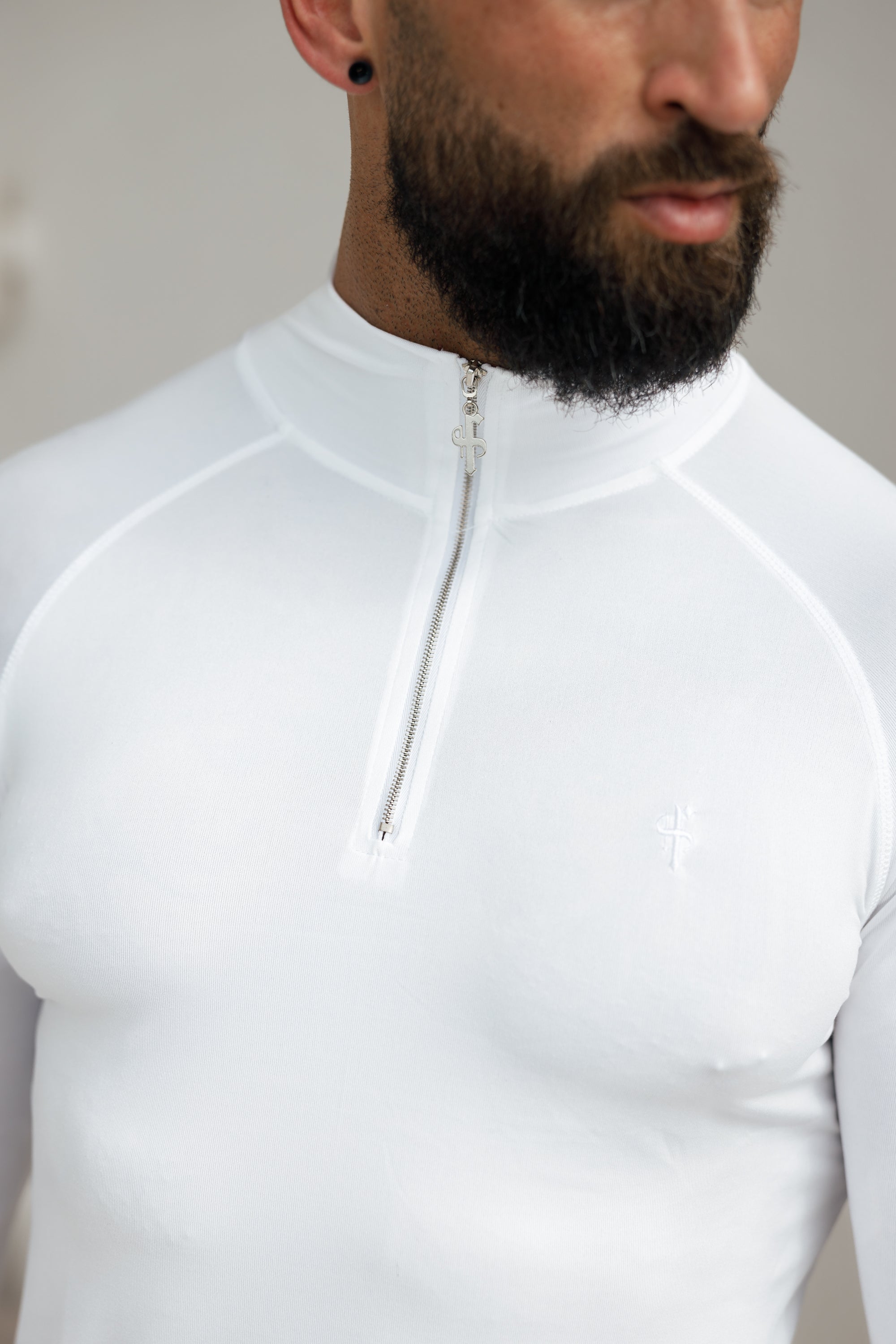 Long Sleeve White / Silver Half Zip Gym Top - FSH888