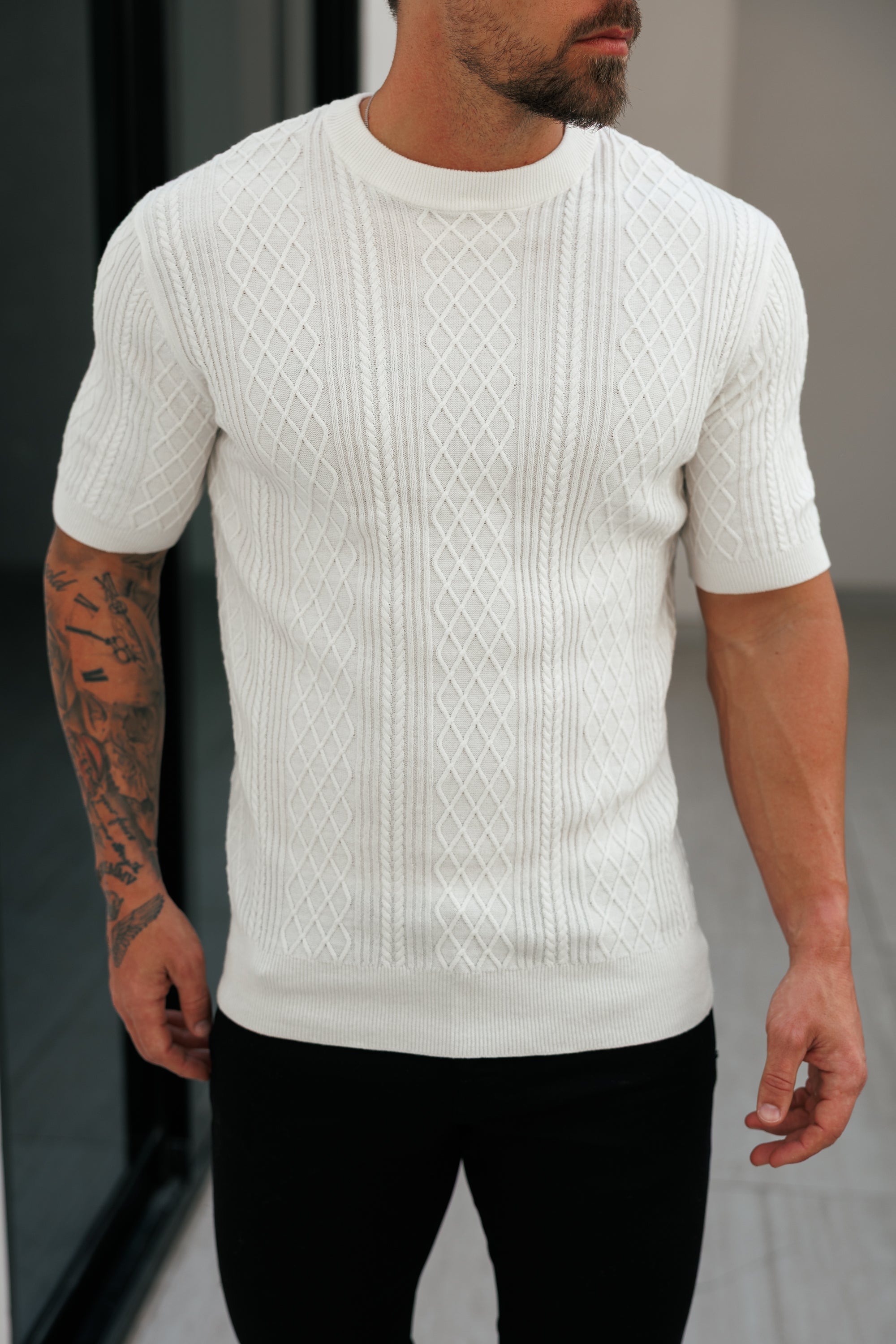 Fine Knit Diamond Off White Jumper Short Sleeve  -  FSA009
