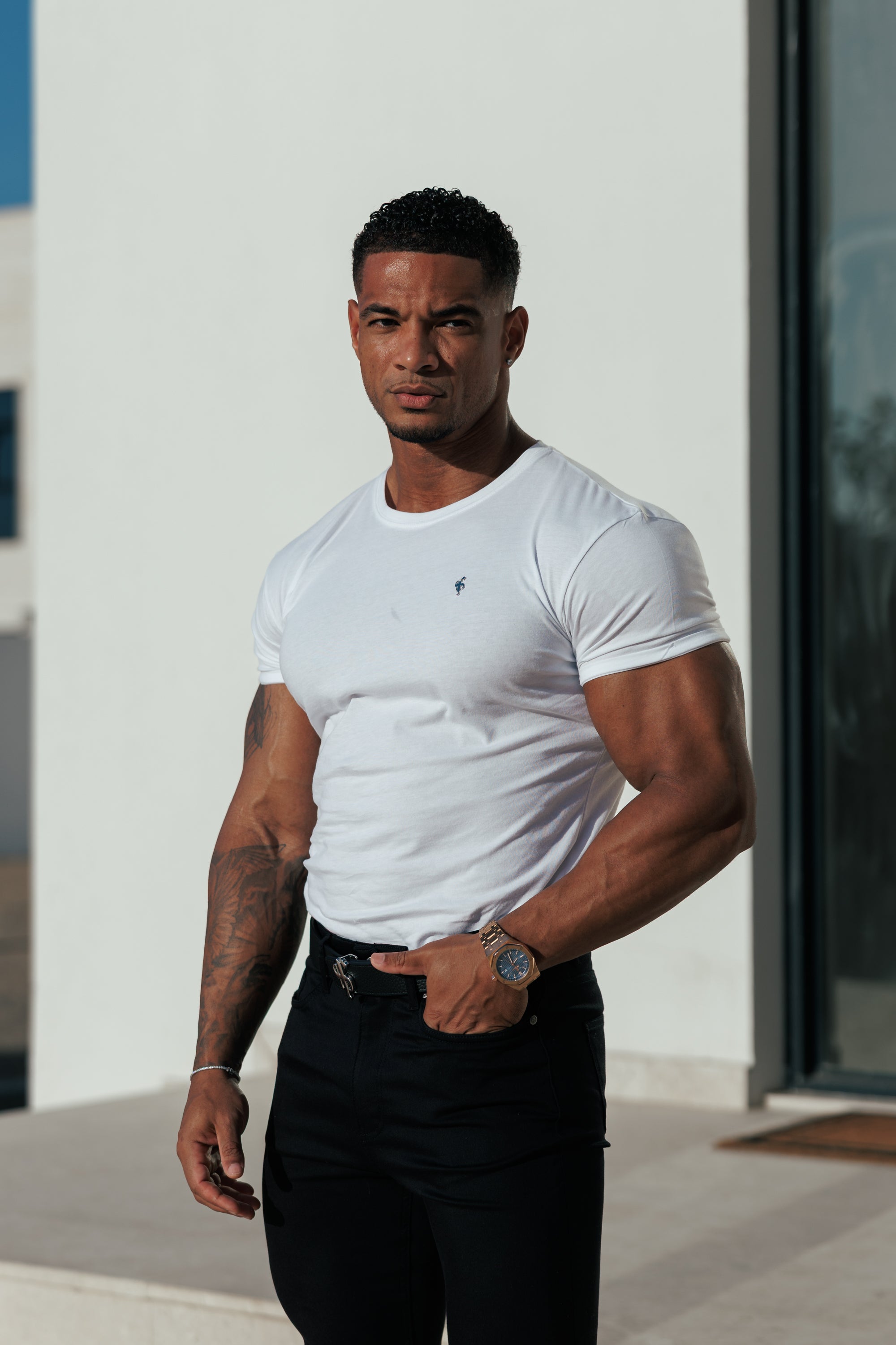 White / Silver Crew T-shirt with Silver Metal Emblem Decal FSH1453