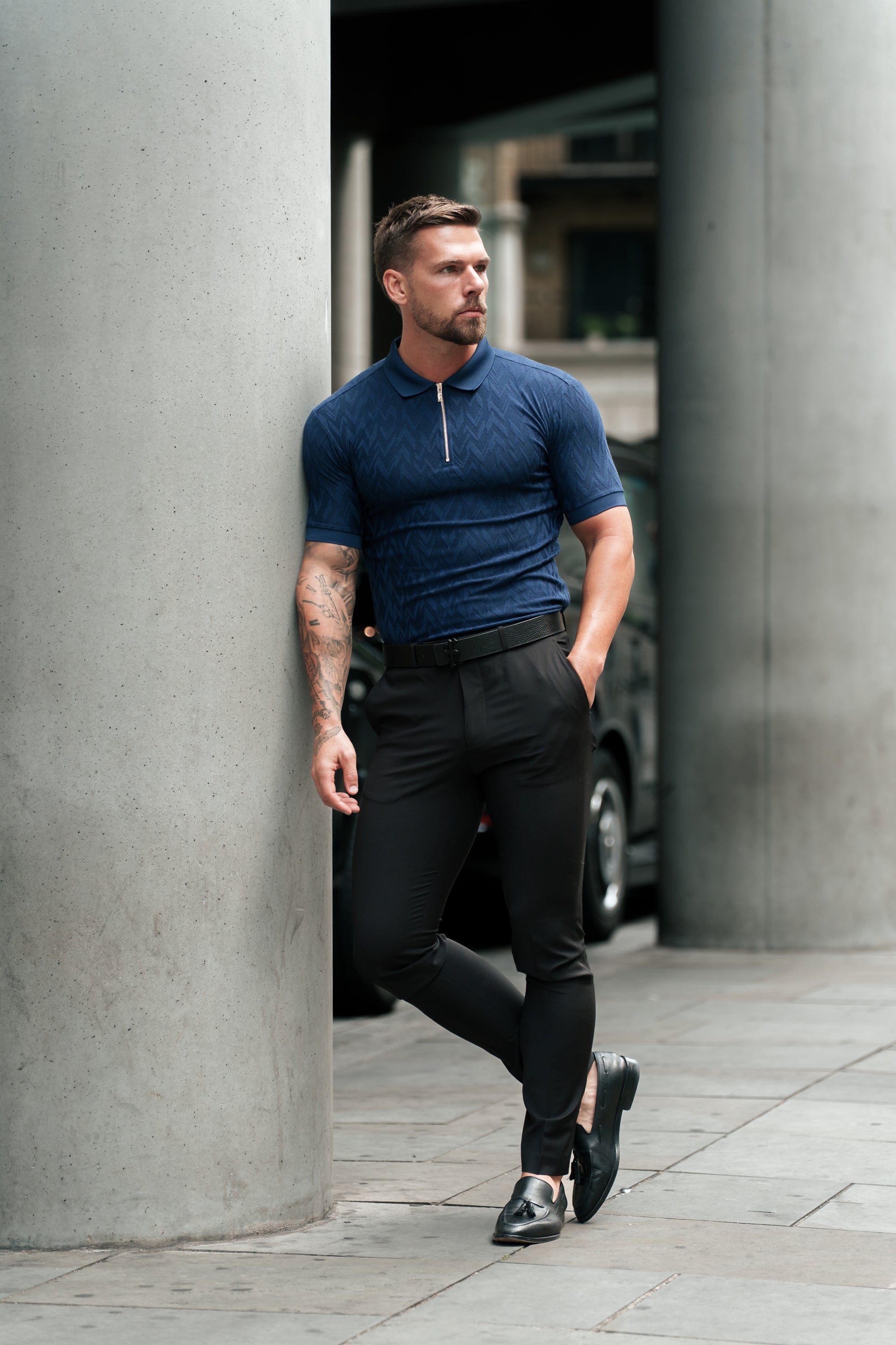 Classic Jacquard Navy Chevron Zipped Polo - FSR021