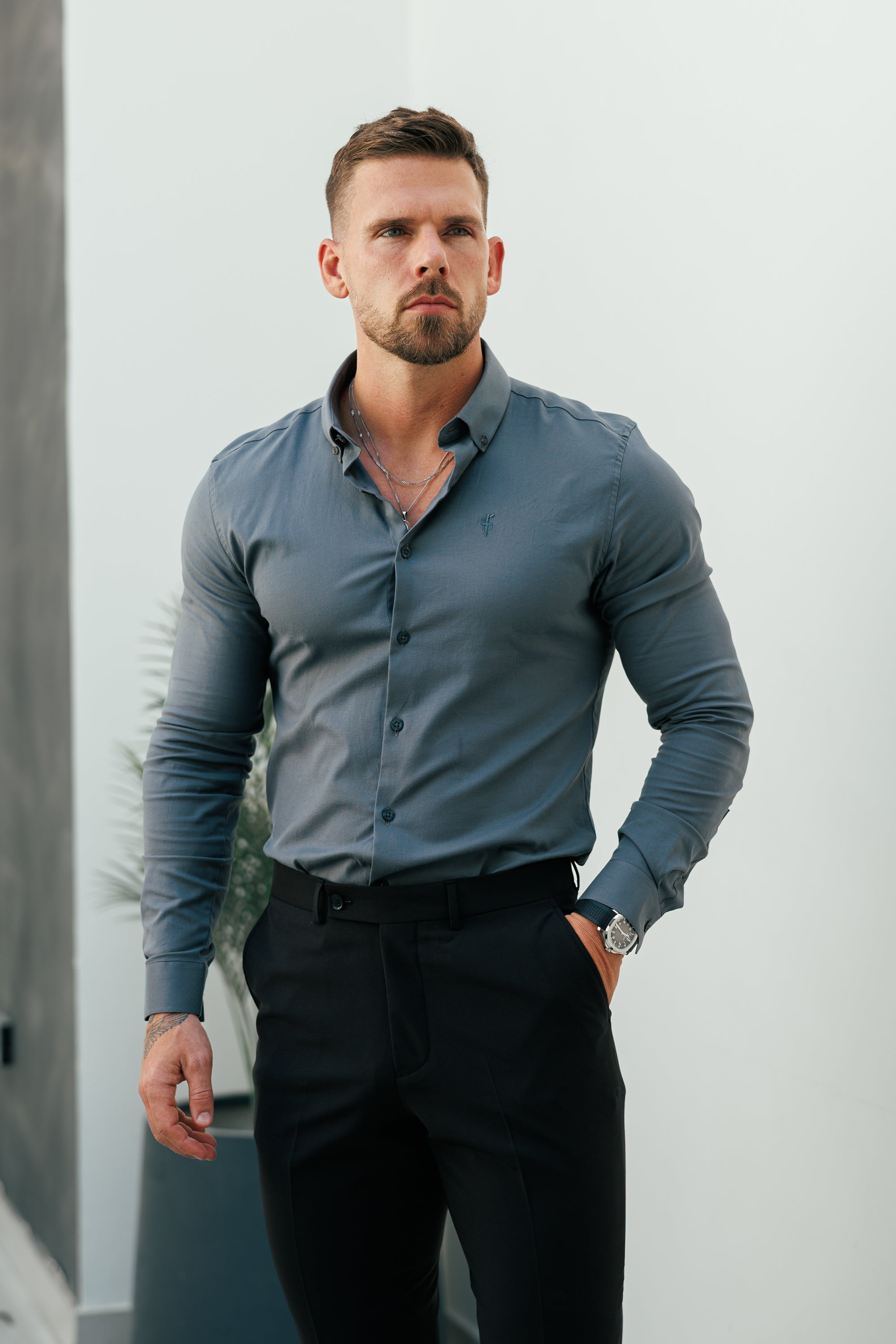 Classic Stretch Oxford Long Sleeve Charcoal with Button Down Collar - FS1221