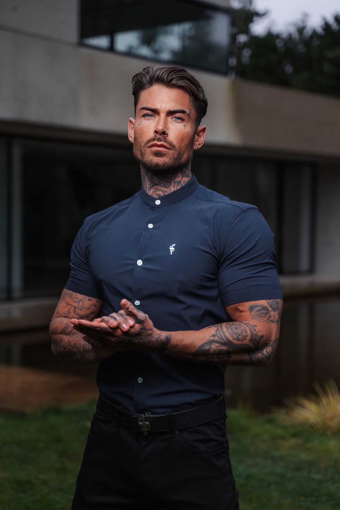 Super Slim Stretch Classic Navy Grandad Collar Short Sleeve - FS920