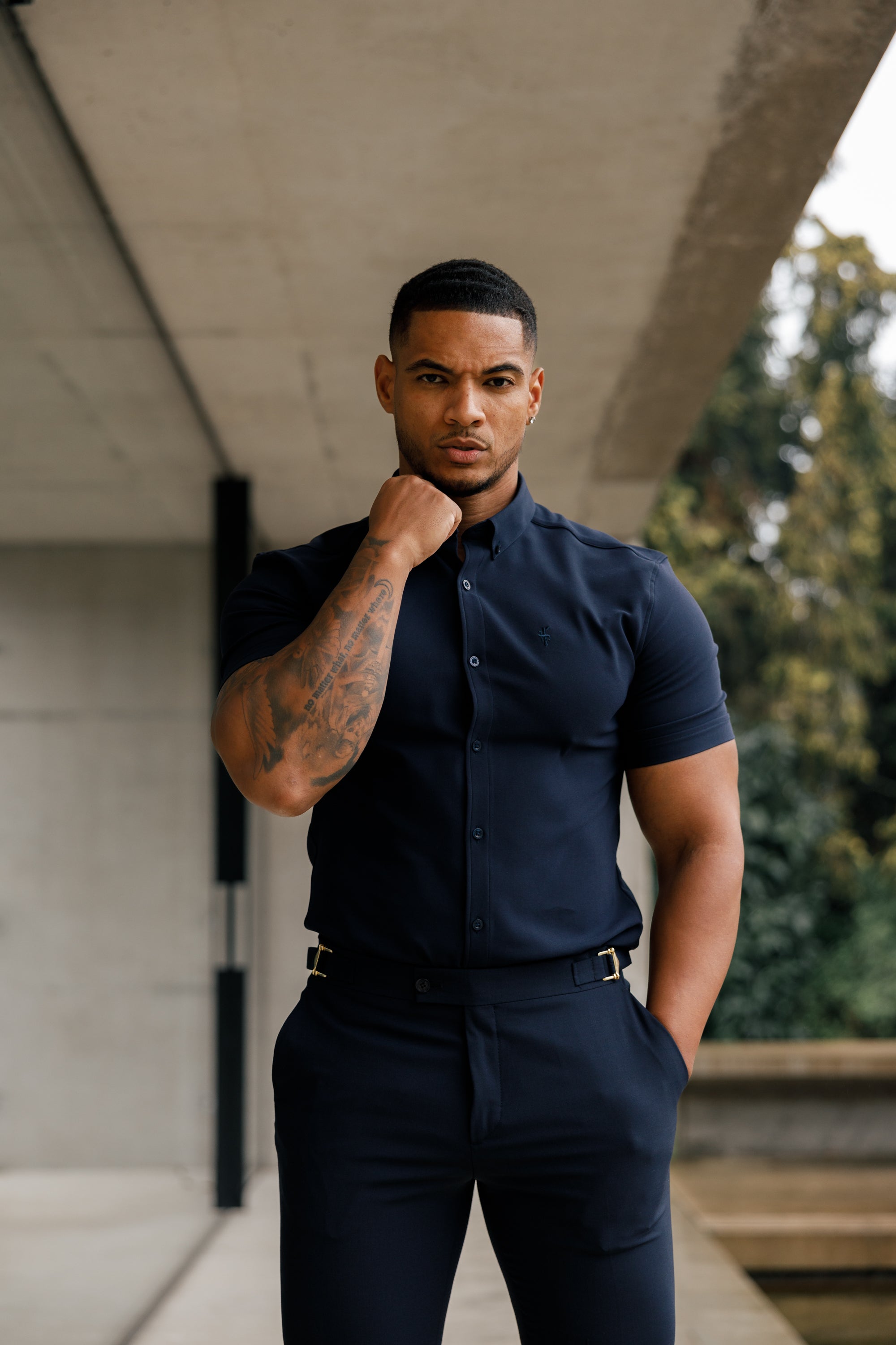 Father Sons Slim Formal Navy Stretch Pants With Gold Waist Adjusters - FST016