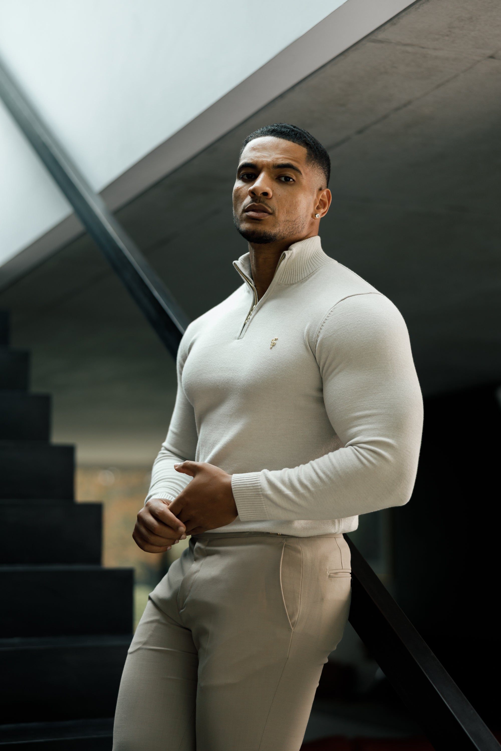 Father Sons Beige Funnel Neck 1/2 Zip Knitted Sweater - FSN118