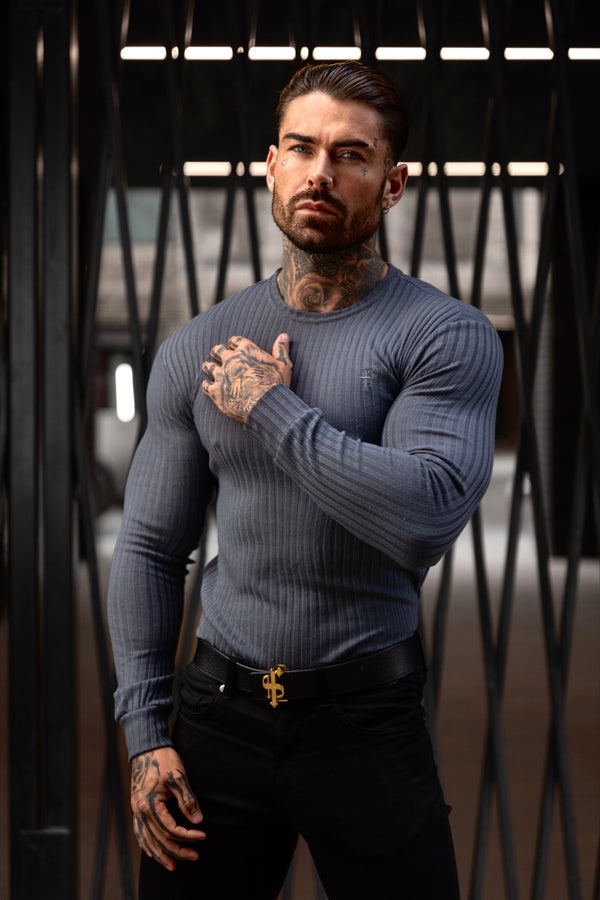Father Sons Classic Charcoal Ribbed Knit Sweater With Tonal Embroidery - FSH946