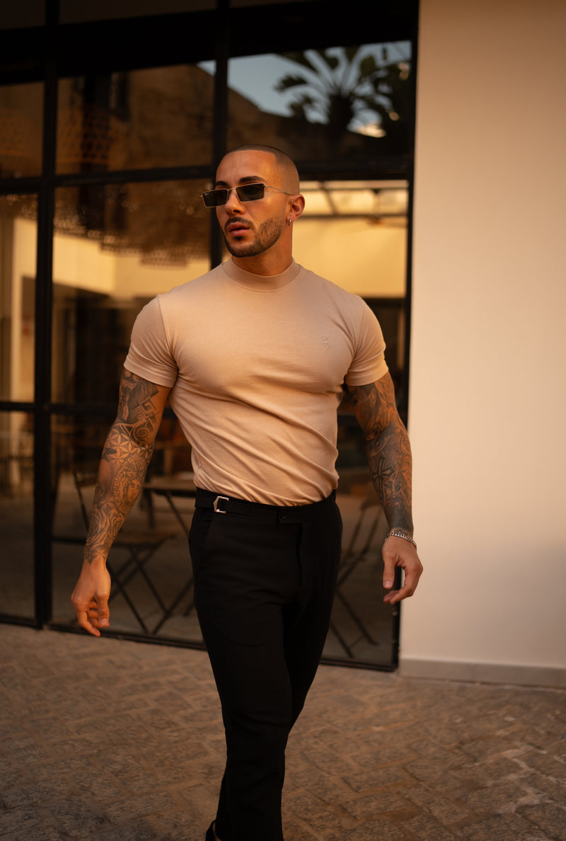 FS Ribbed High Neck Crew Short Sleeve Beige - FSH1141
