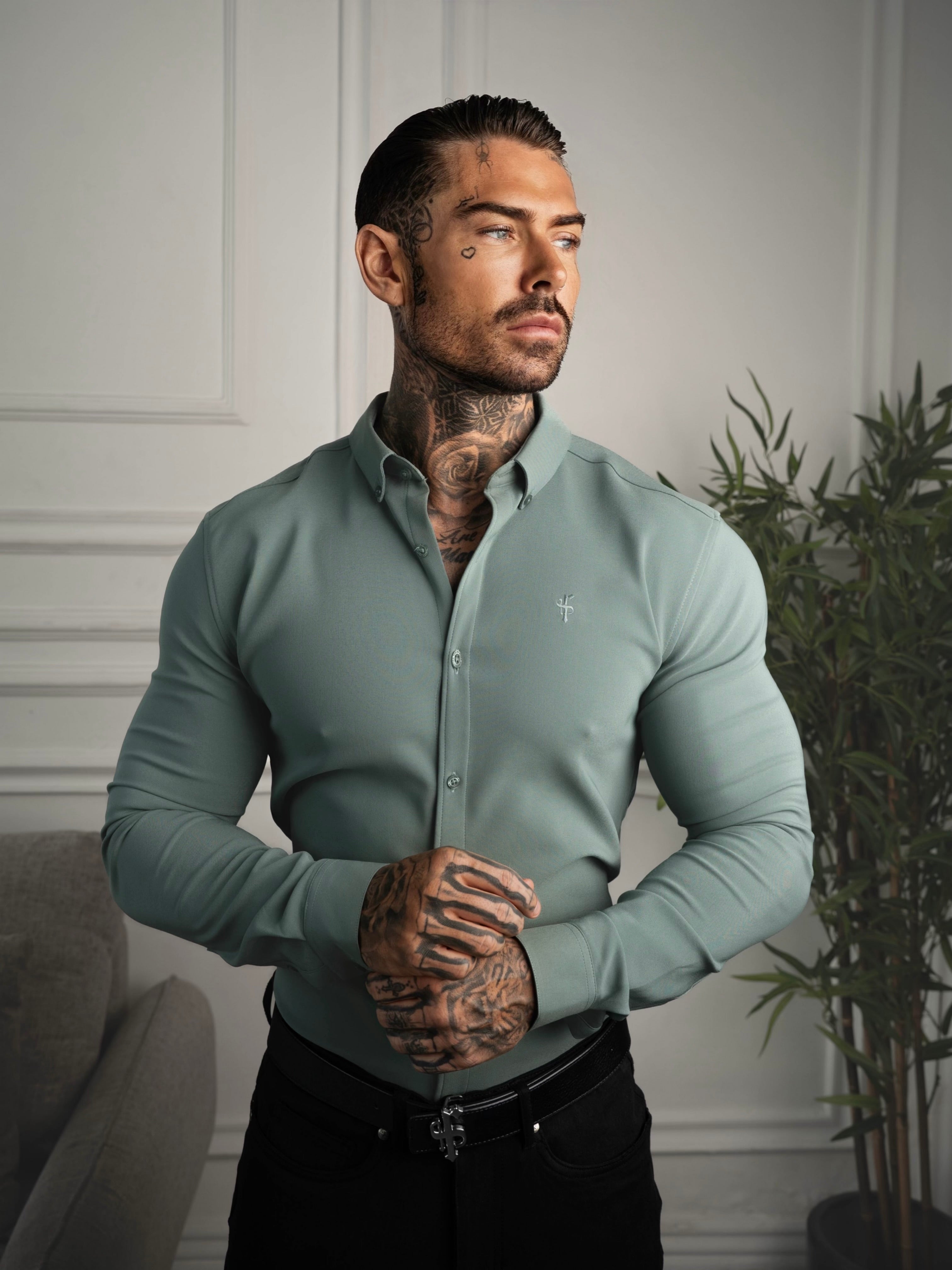 Super Slim LS Olive Scuba with Button Down Collar - FS1187