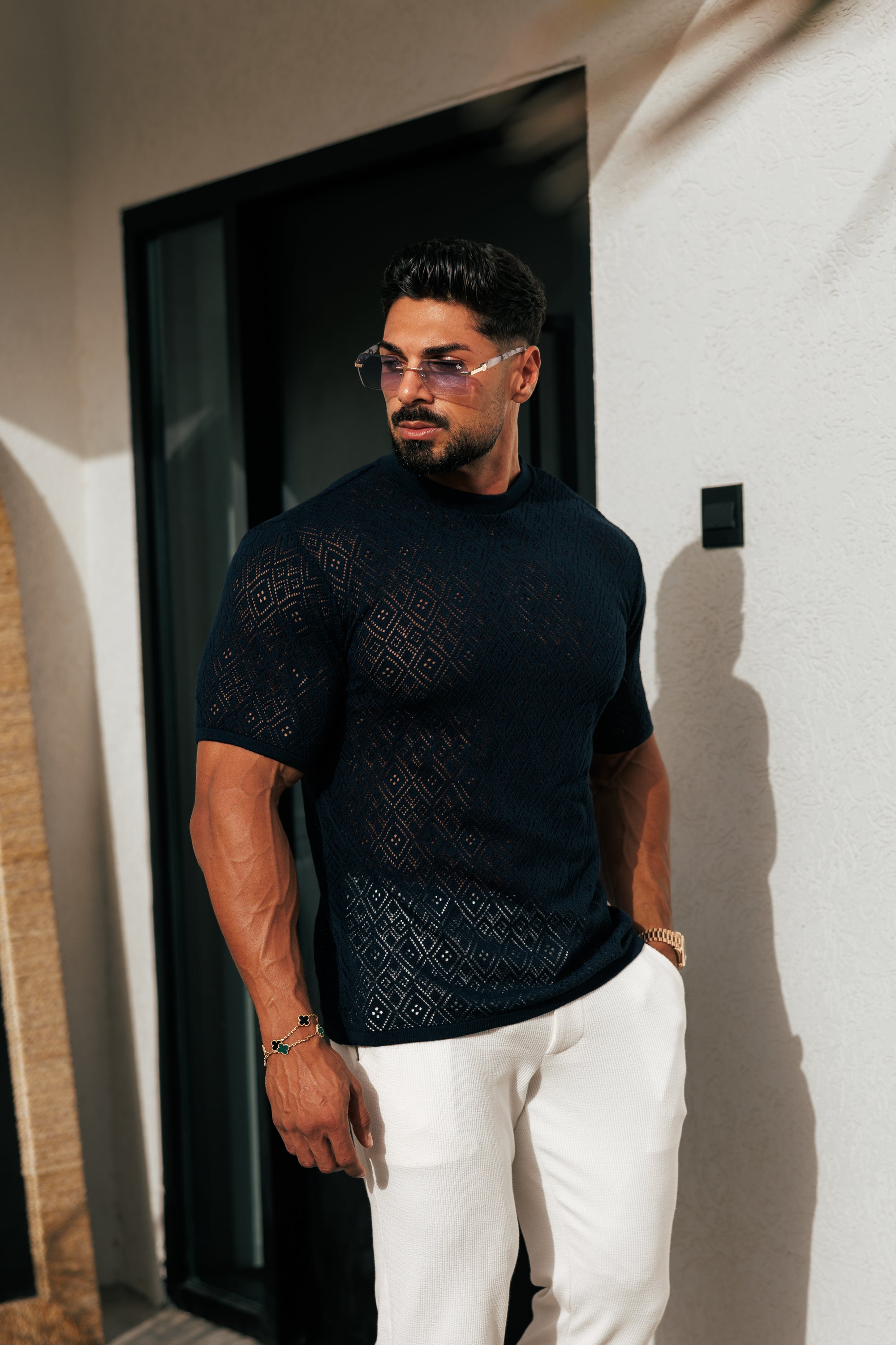 Crochet Crew T-Shirt Navy Short Sleeve - FSJ090