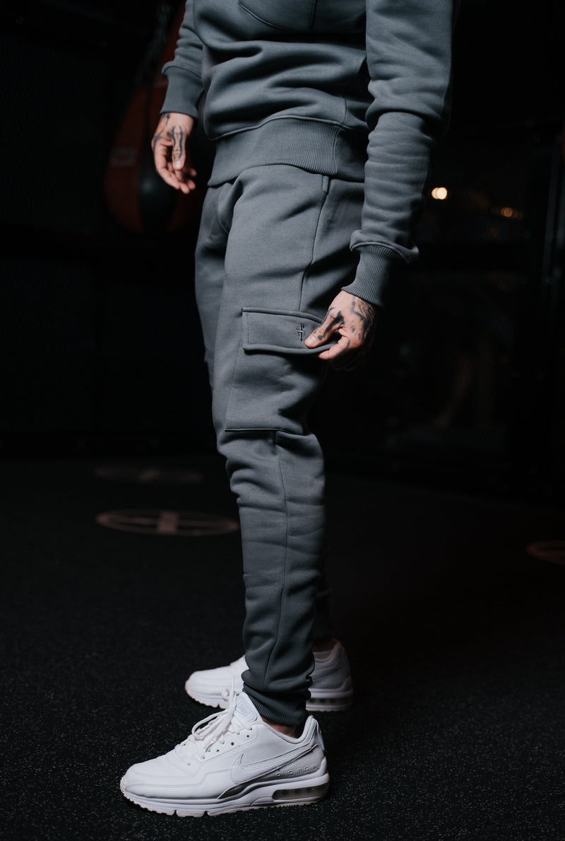 Father Sons Dark Grey Cargo Tracksuit Sweat Pants With Pockets, Cuffed Hem and FS Embroidery FSH938