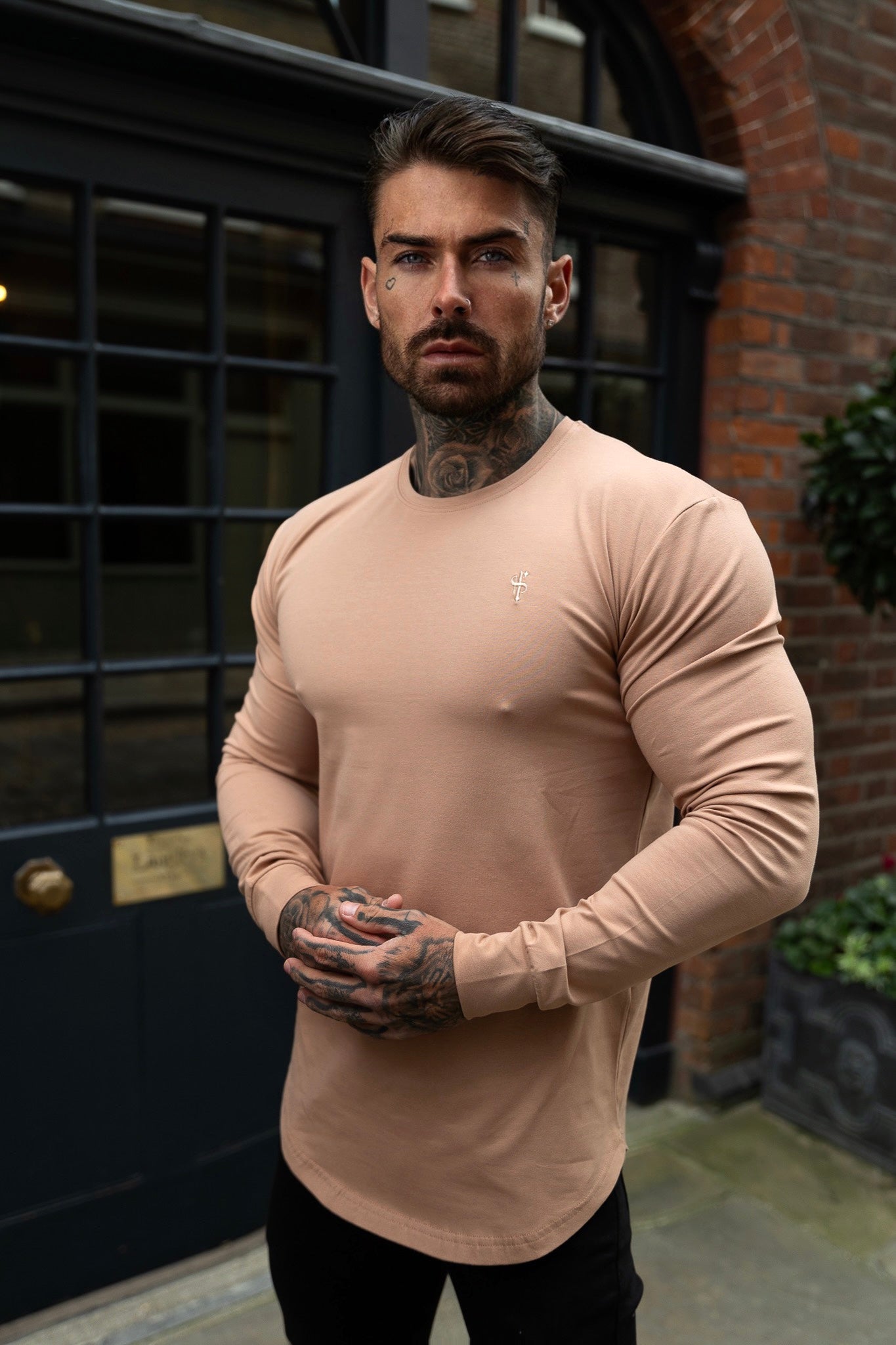 Classic Coffee Tonal Curved Hem Long Sleeve Crew T Shirt - FSH1001