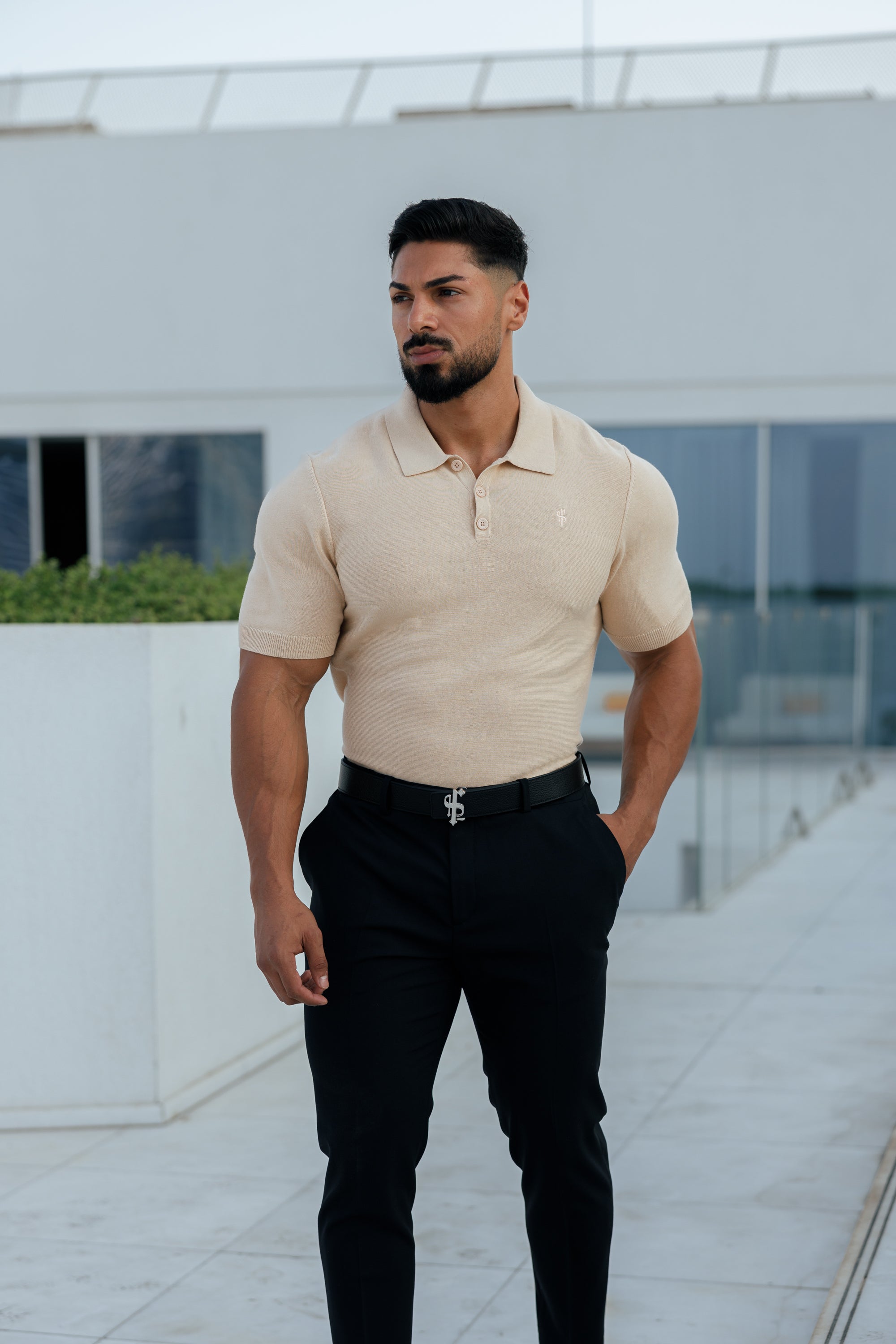 Classic Plain Beige Knitted Polo Short Sleeve - FSN111