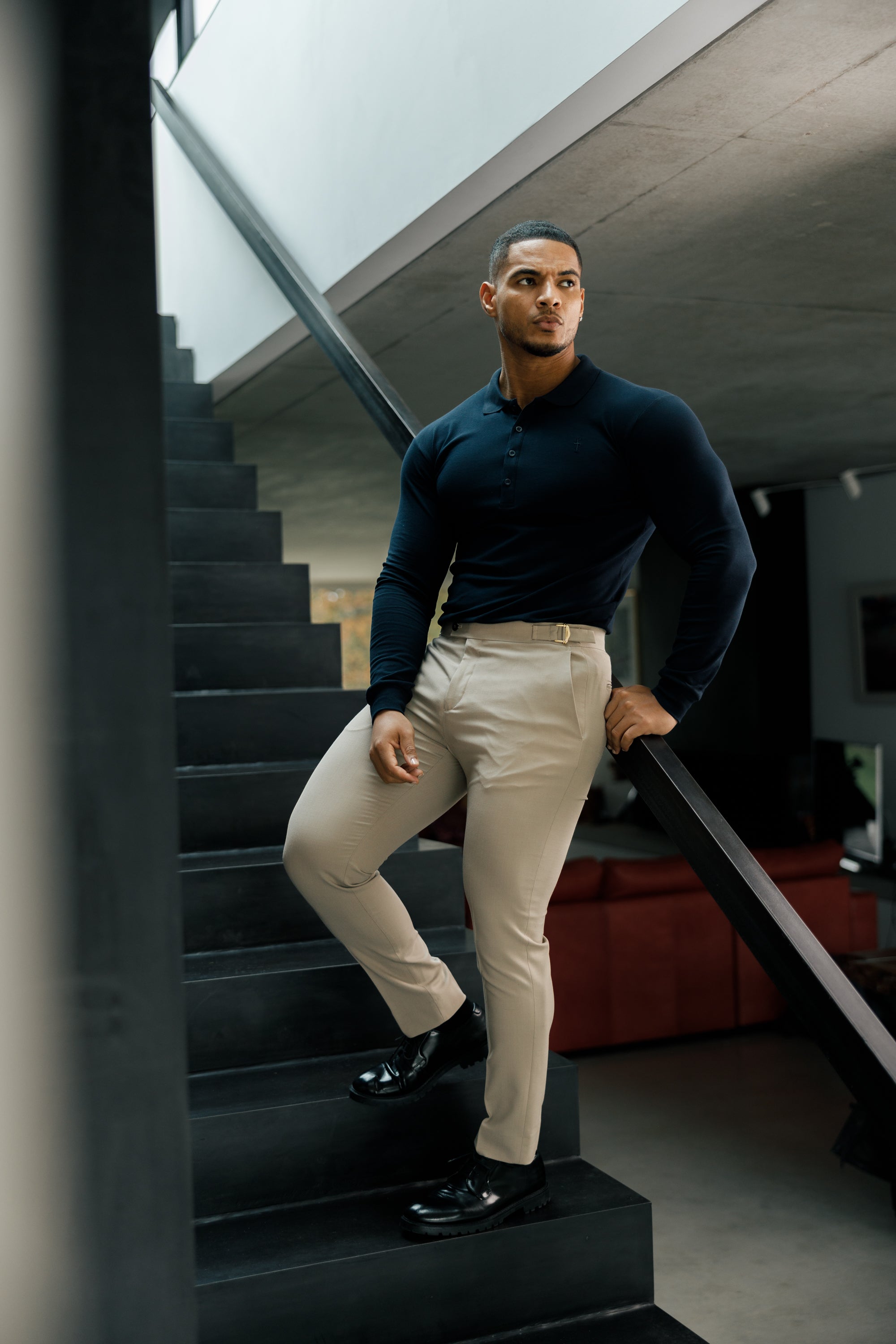 Father Sons Slim Formal Beige Stretch Pants With Gold Waist Adjusters - FST017
