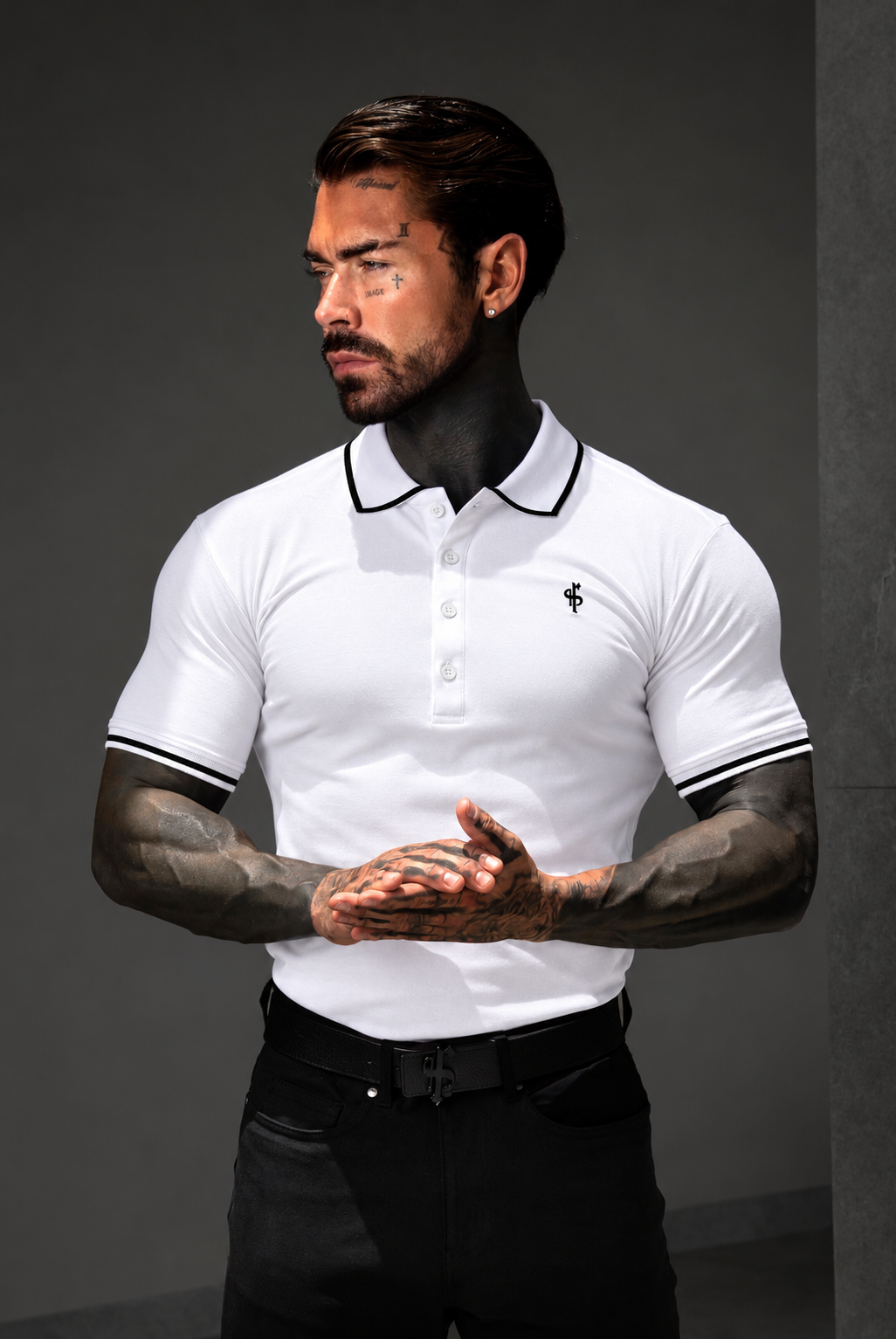 White / Black Polo Shirt With Contrast Collar and Sleeve - FSH1671