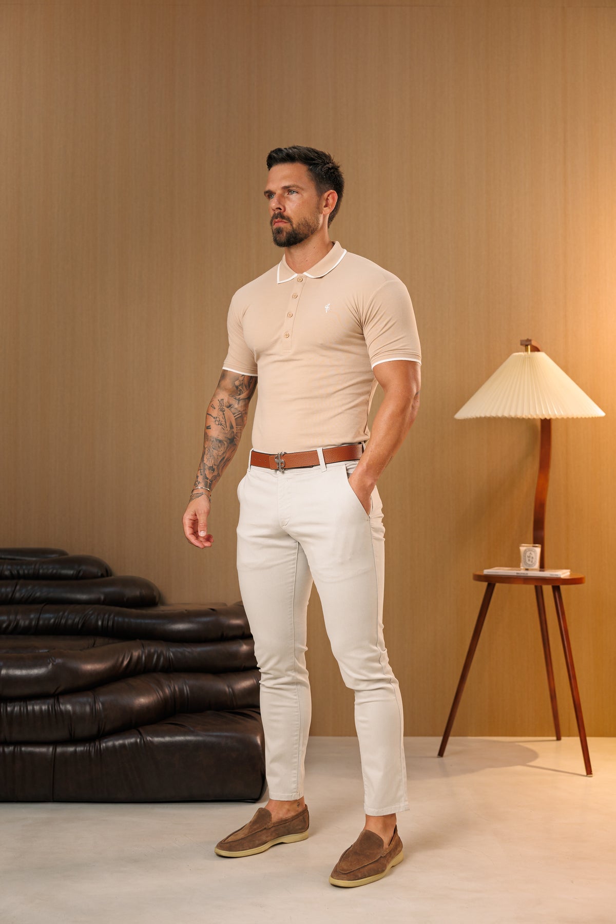 Beige / White Polo Shirt With Contrast Collar and Sleeve - FSH1672