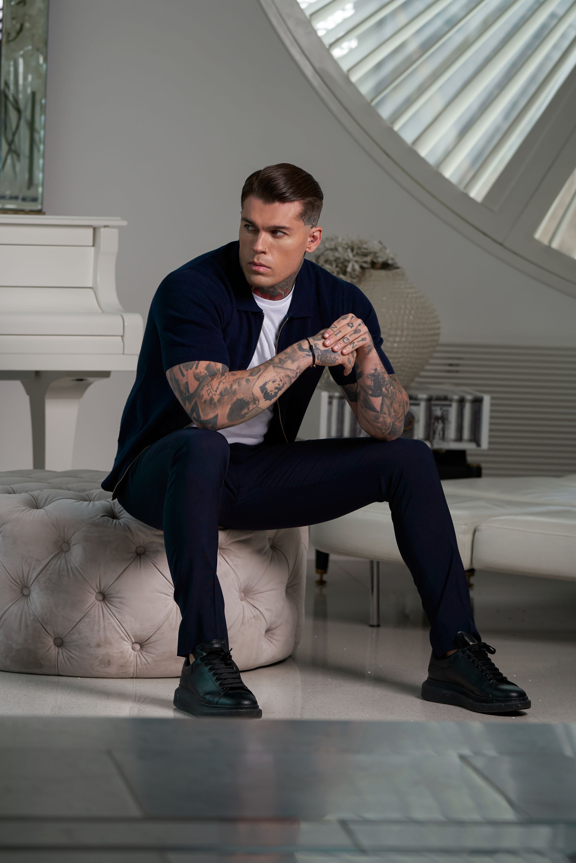 Classic Knitted Textured Design With Full Length Zip Navy Short Sleeve - FSN153