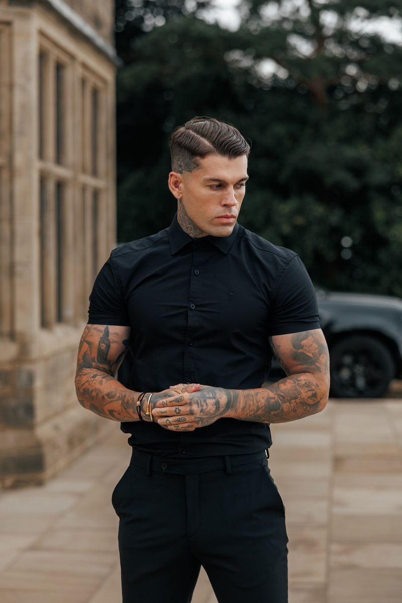 Father Sons Muscle Fit Advanced Stretch Black Short Sleeve with Cutaway Collar  - FS1159