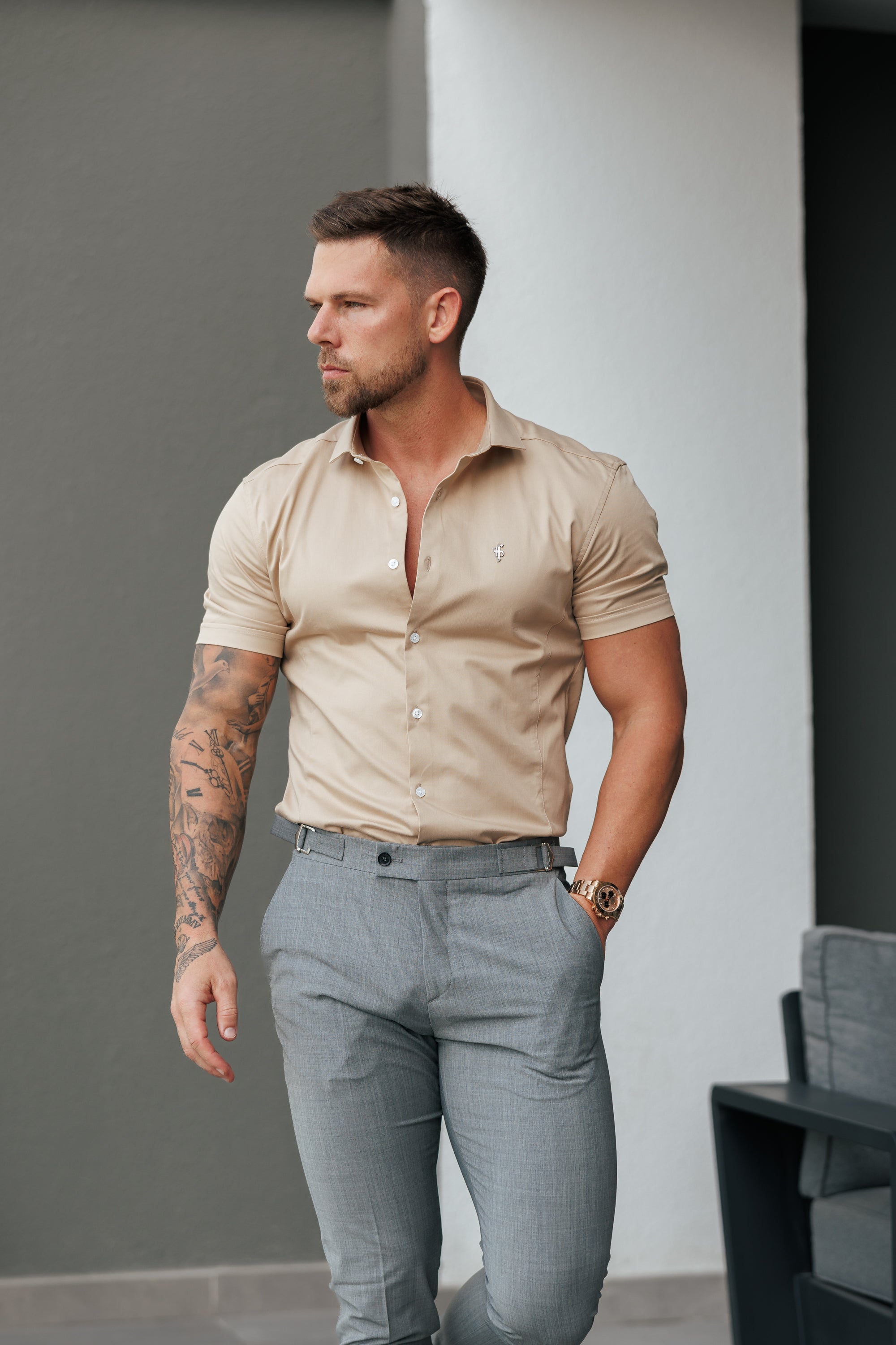 Super Slim Stretch Vintage Beige Side Panel Shirt SS - FS1138