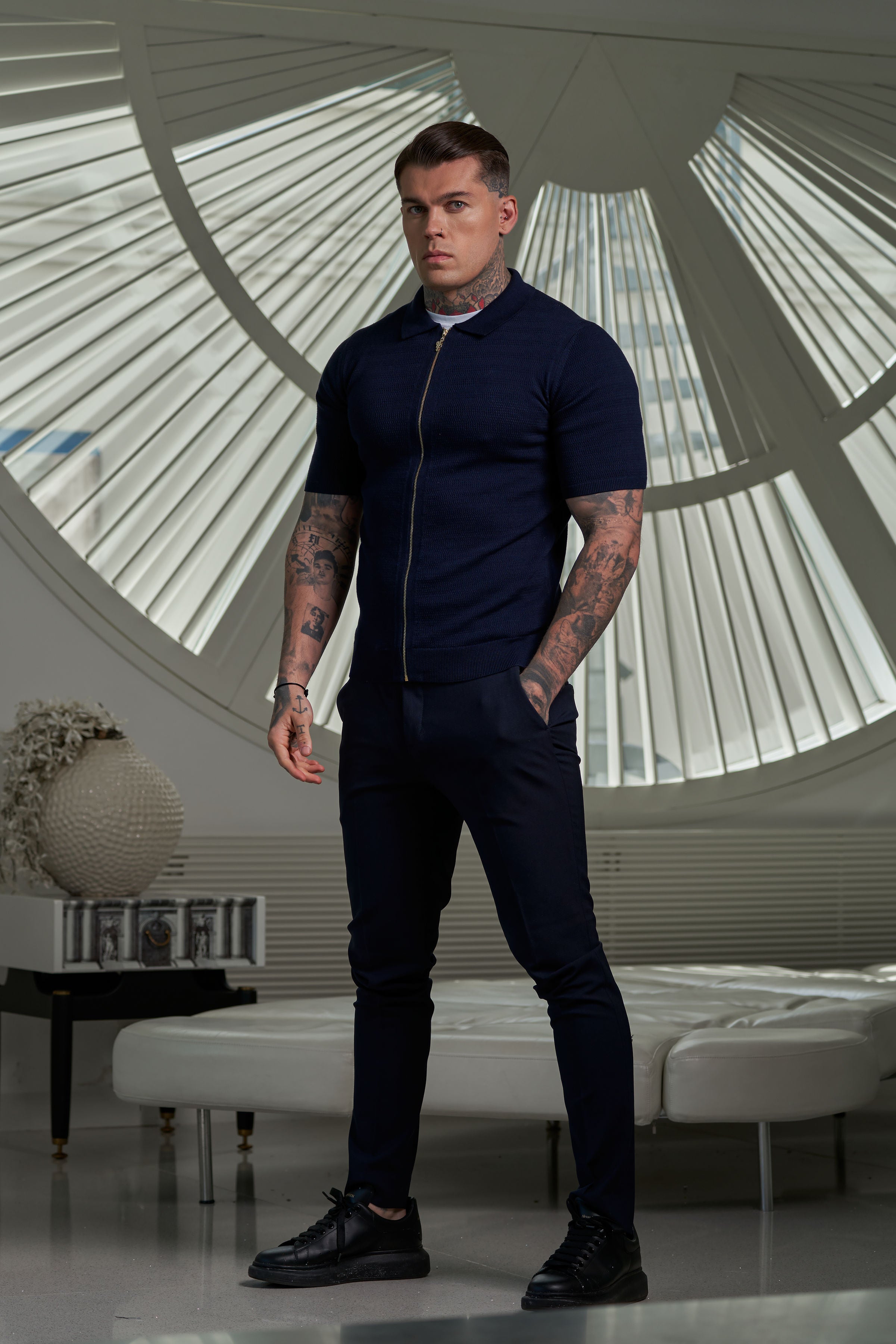 Classic Knitted Textured Design With Full Length Zip Navy Short Sleeve - FSN153