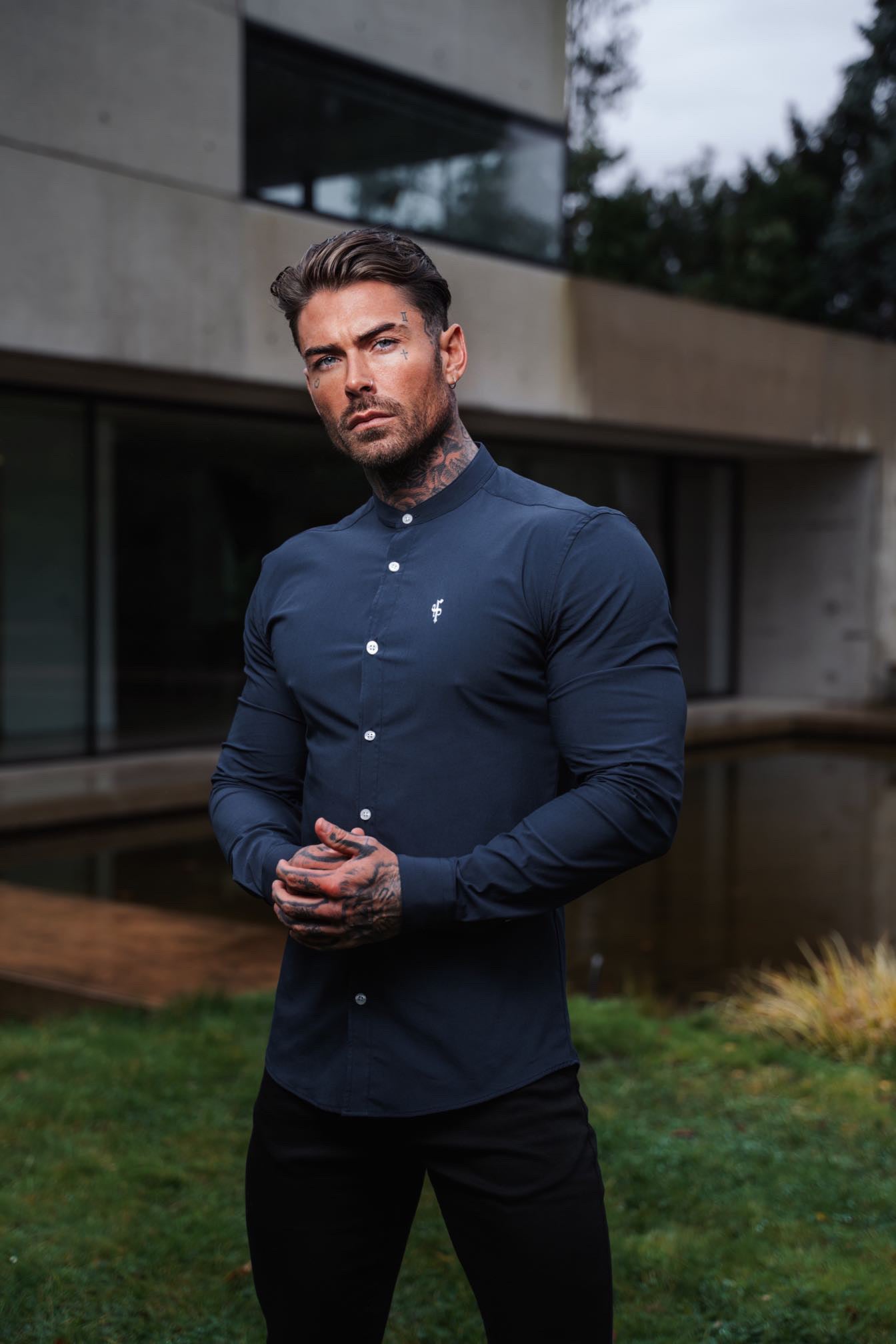 Super Slim Stretch Classic Navy Grandad Collar Long Sleeve - FS921