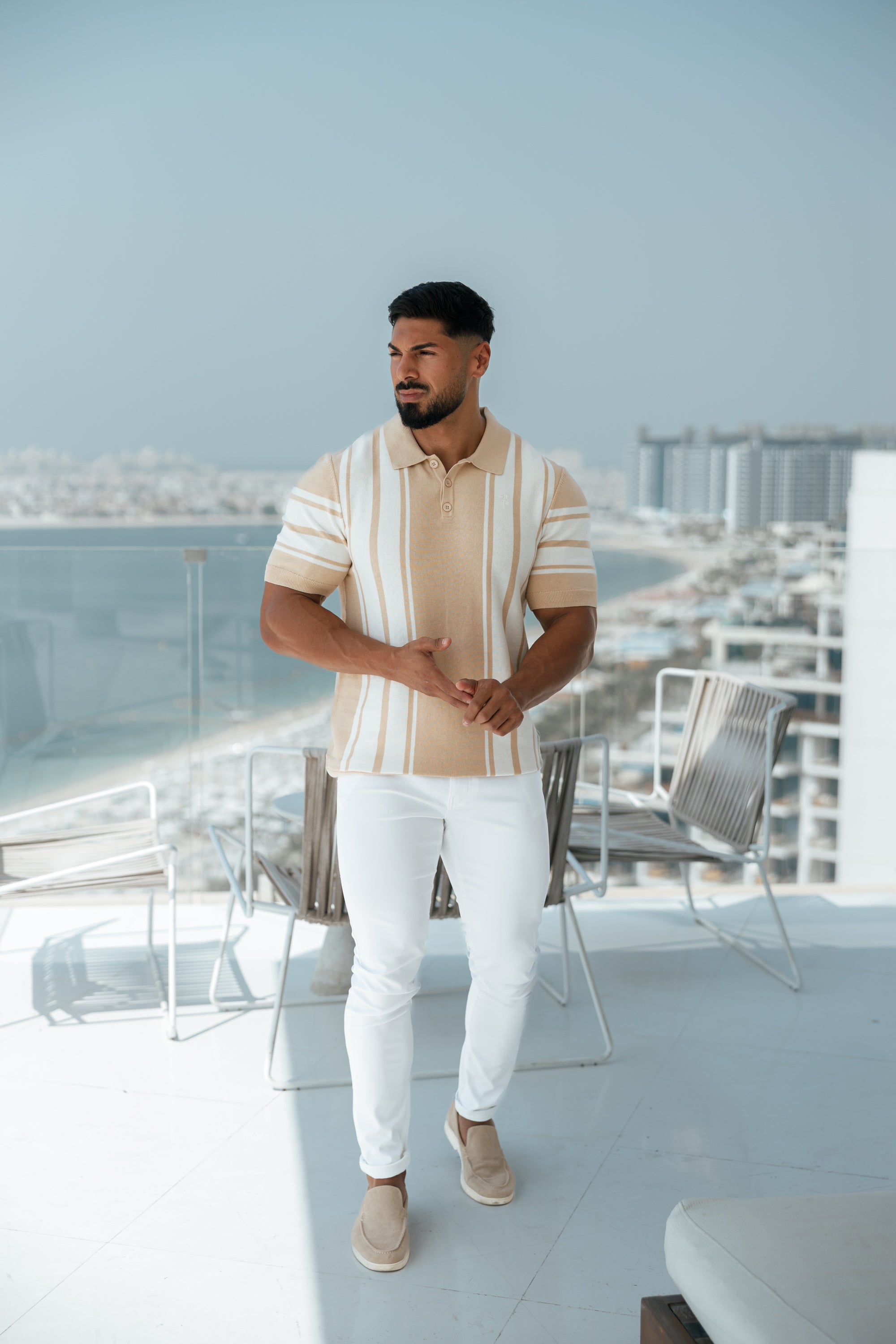 Classic Beige / Off White Knitted Vertical Stripe Polo Short Sleeve - FSN107
