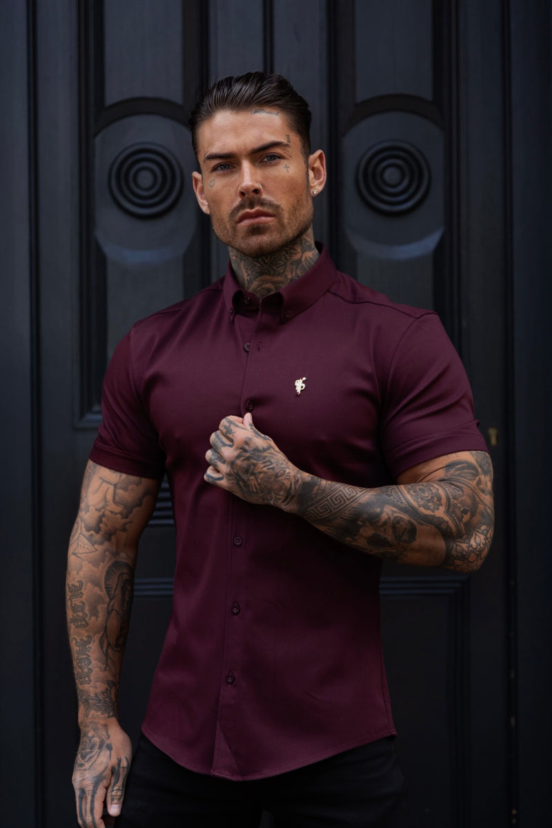 Father Sons Super Slim Stretch Burgundy Denim Short Sleeve with Gold Metal Decal and Button Down Collar - FS1045