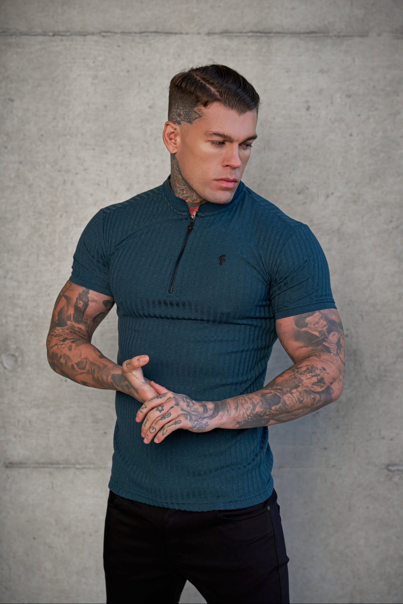 Classic Forest Green / Black Ribbed Black Zip Grandad Collar Shirt Short Sleeve - FSH917