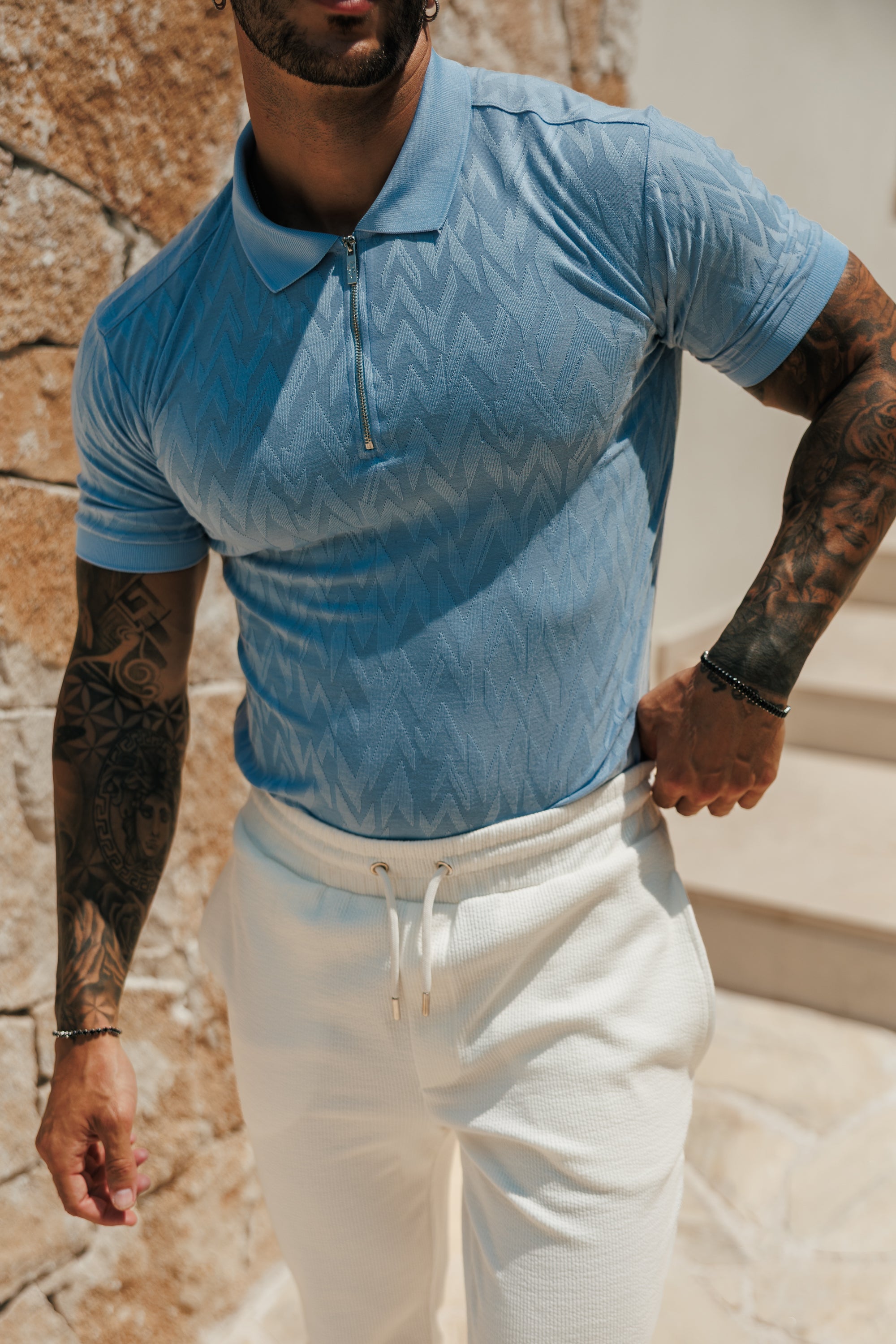 Classic Jacquard Baby Blue Chevron Zipped Polo - FSR061