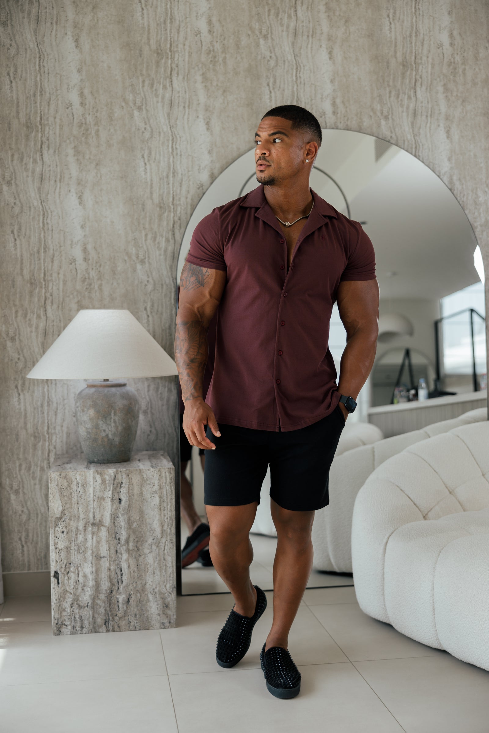 暮らしに便利なアイテム Burgundy Stretch Sons Father Pique Sleeve Short Shirt Revere トップス