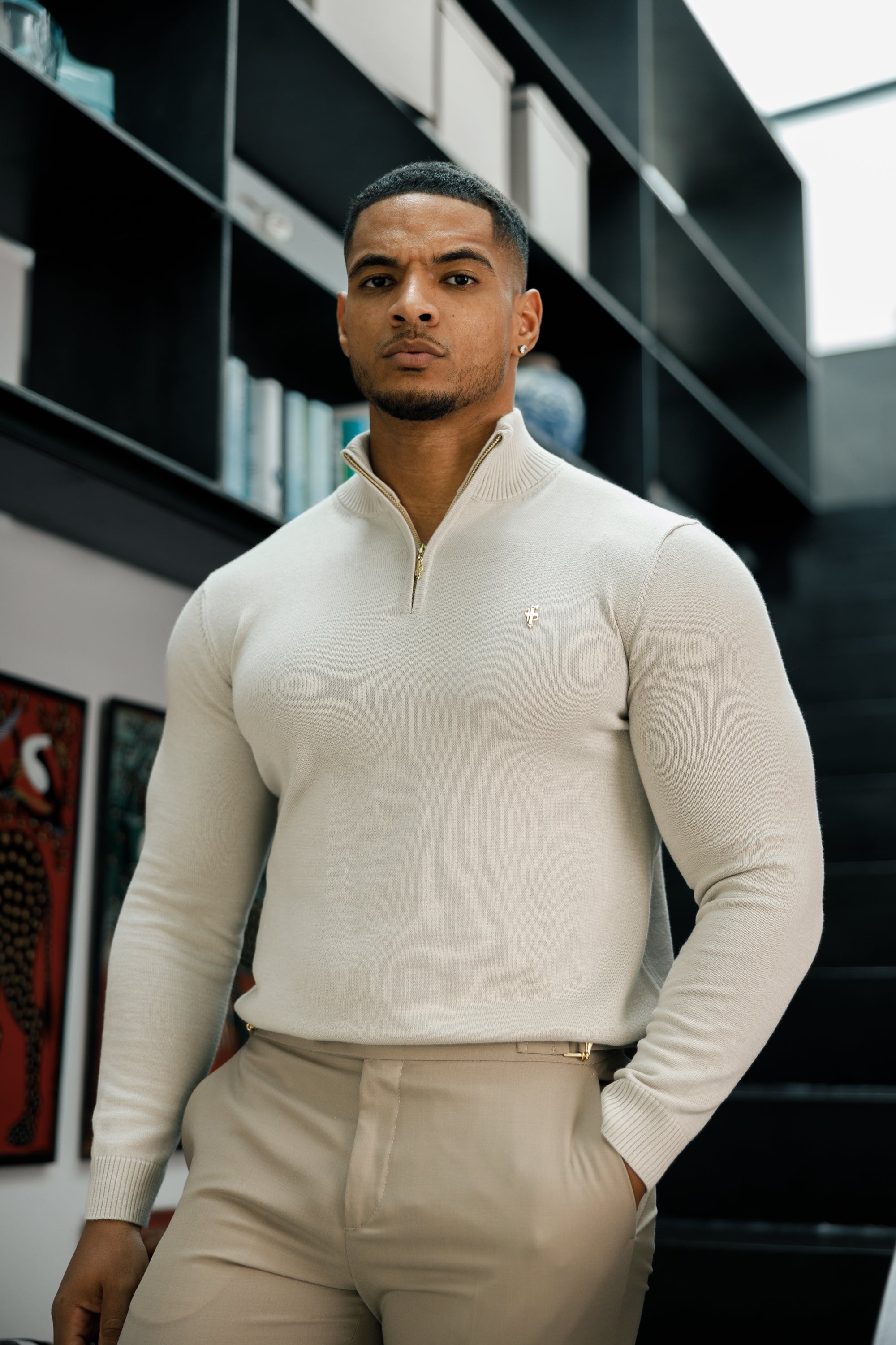 FS Beige Funnel Neck Knitted Jumper With FS Branding -  FSN190