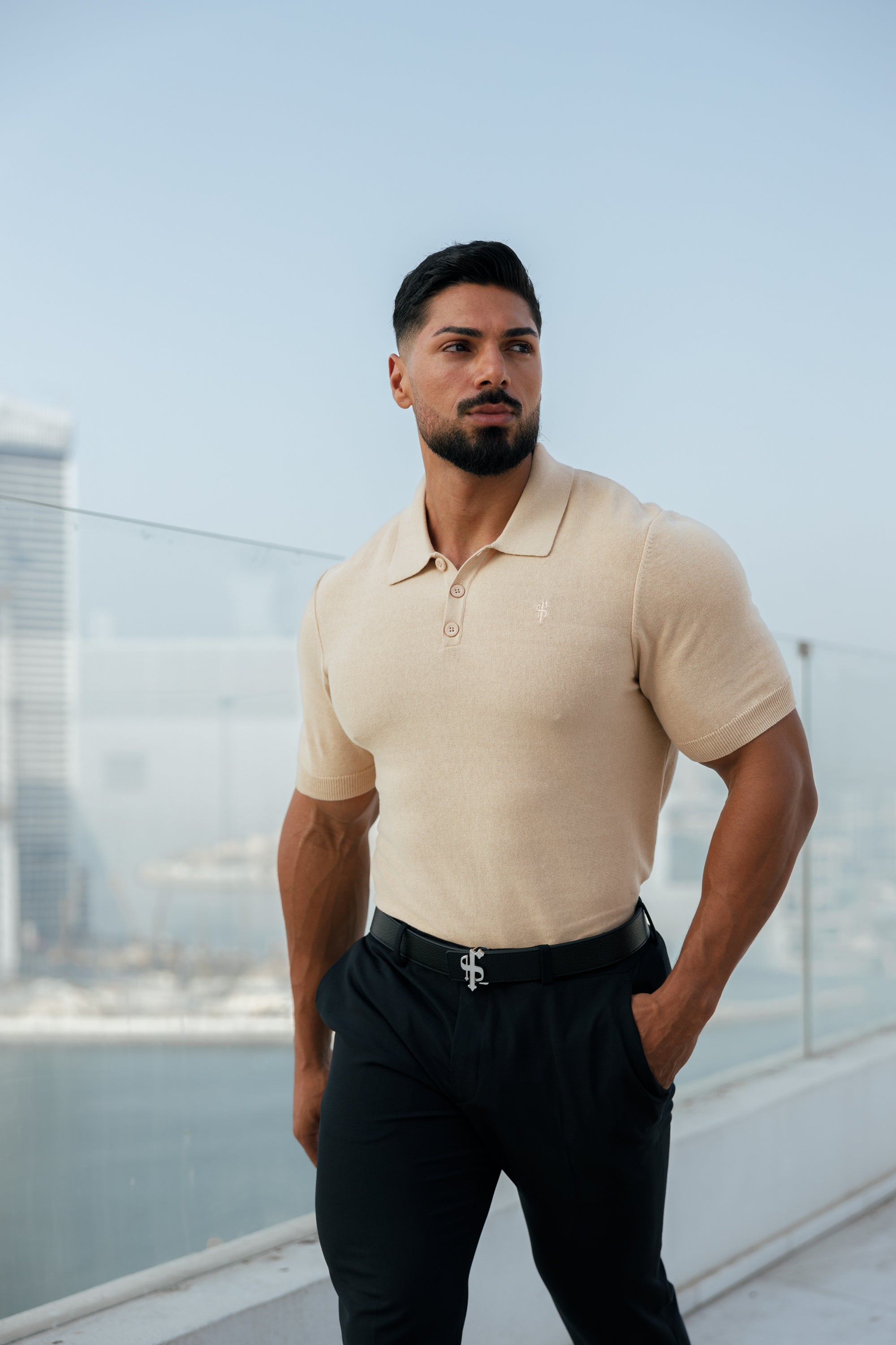 Classic Plain Beige Knitted Polo Short Sleeve - FSN111