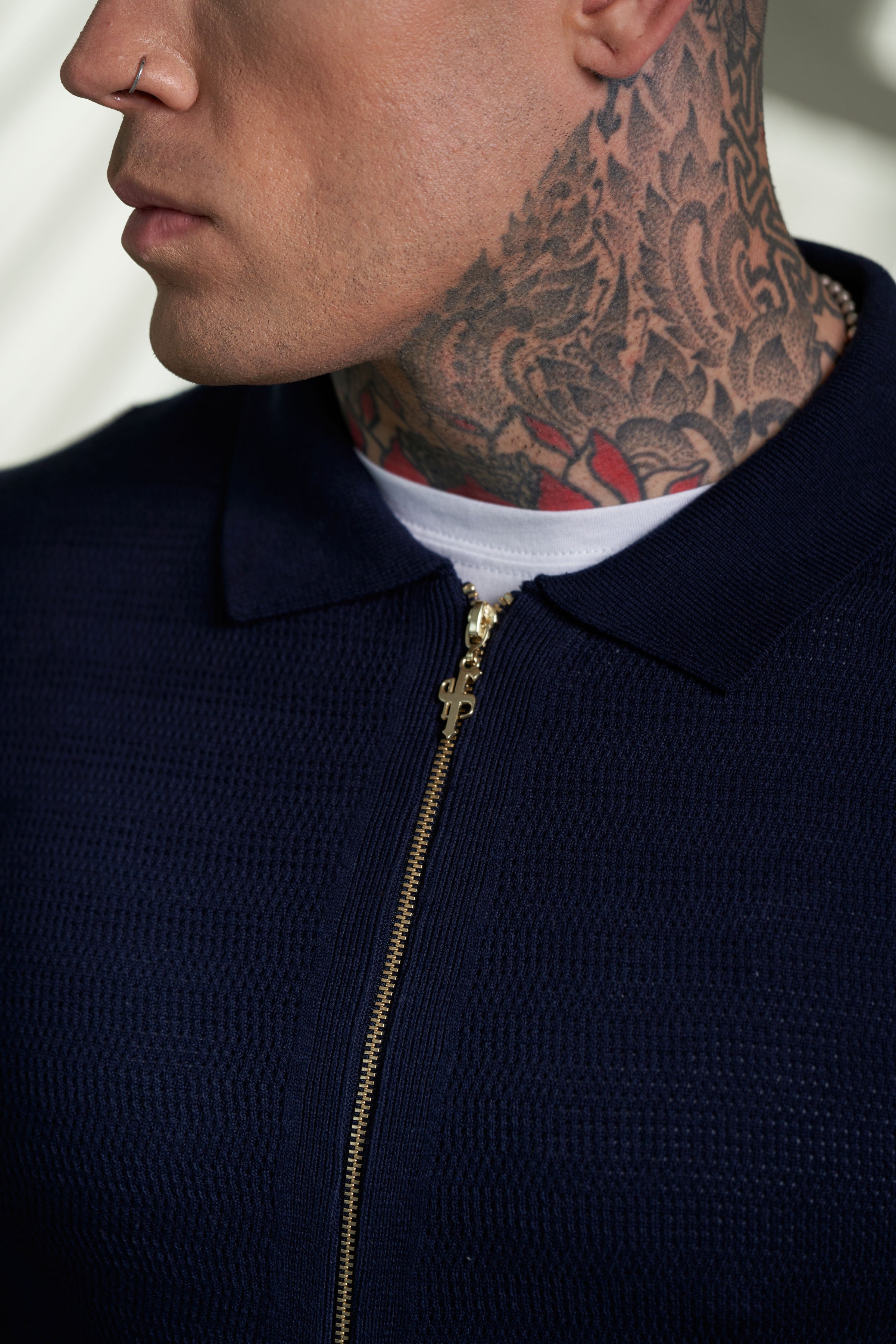 Classic Knitted Textured Design With Full Length Zip Navy Short Sleeve - FSN153