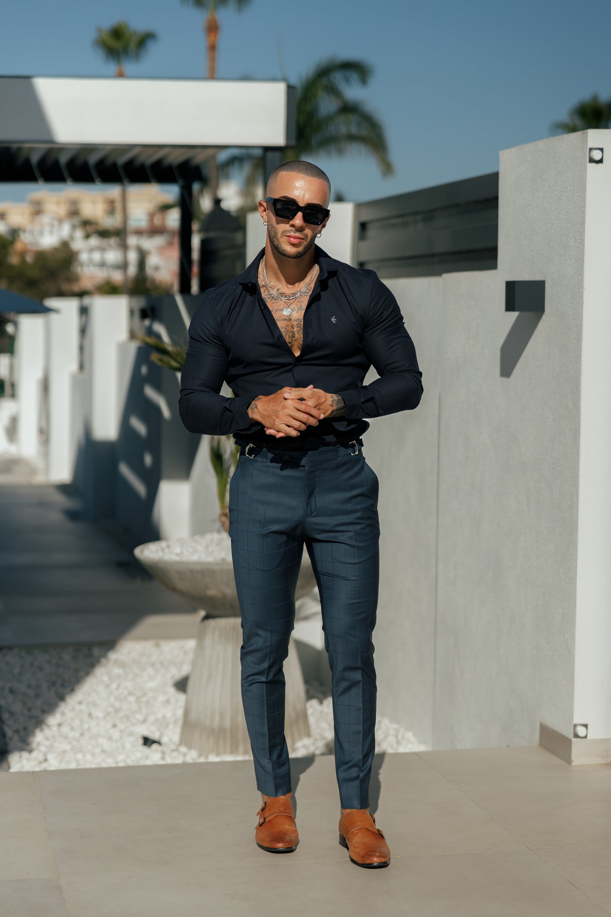 Father Sons Slim Formal Navy Self Check Stretch Pants with Side Adjusters - FST030