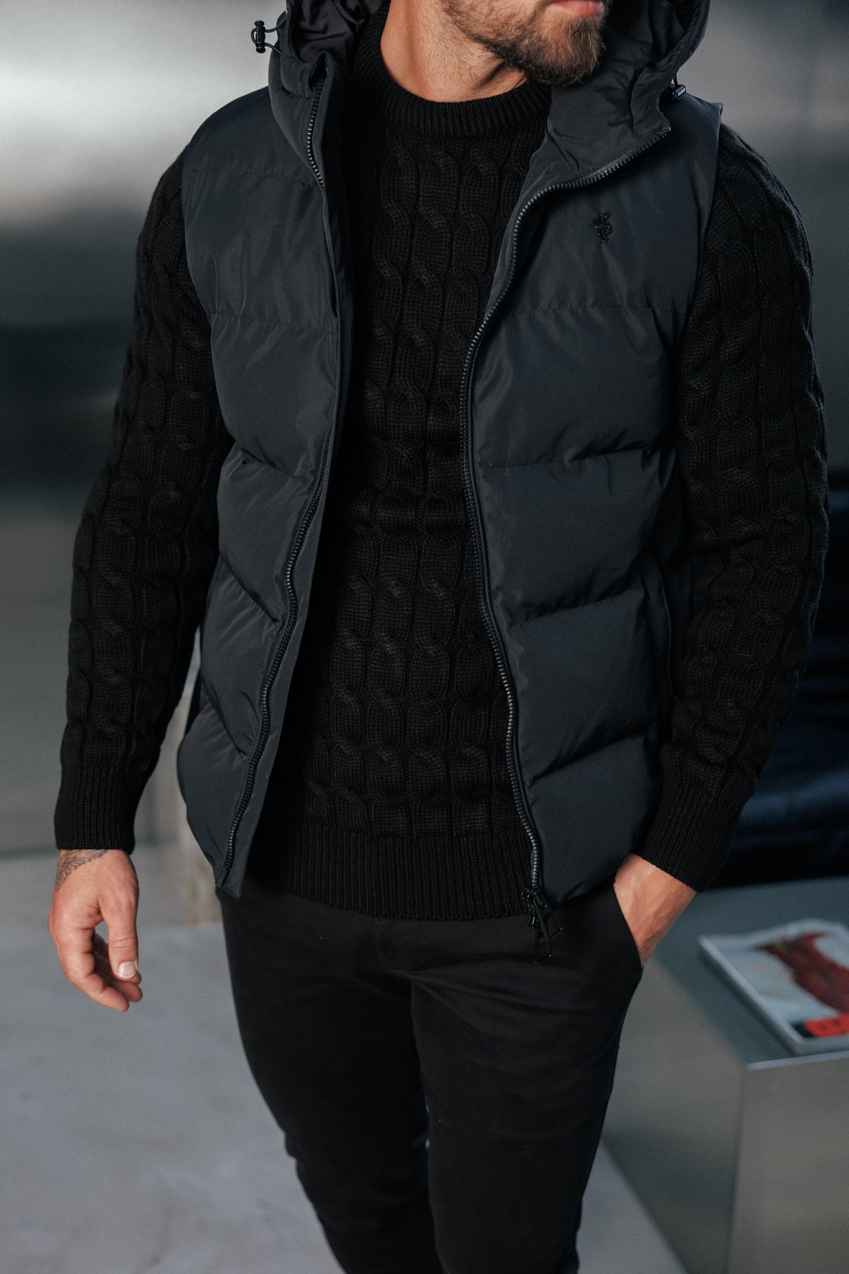 Black Padded Hooded Gilet - FSN235