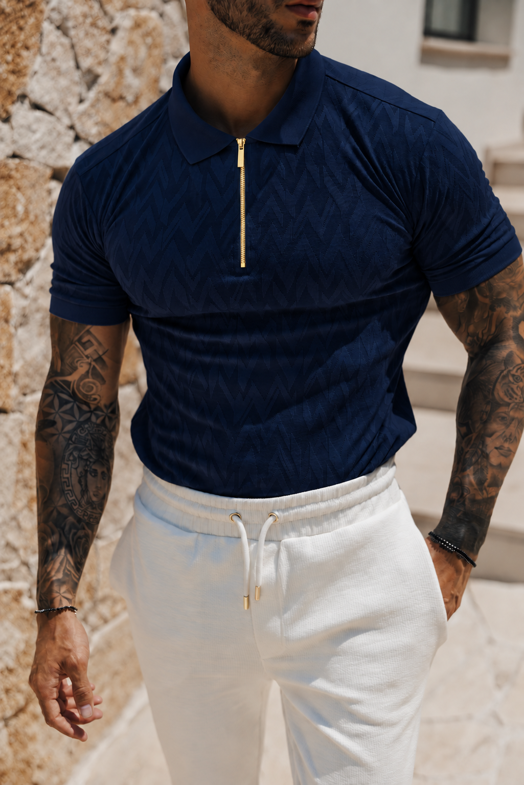 Classic Jacquard Navy Chevron Zipped Polo - FSR021