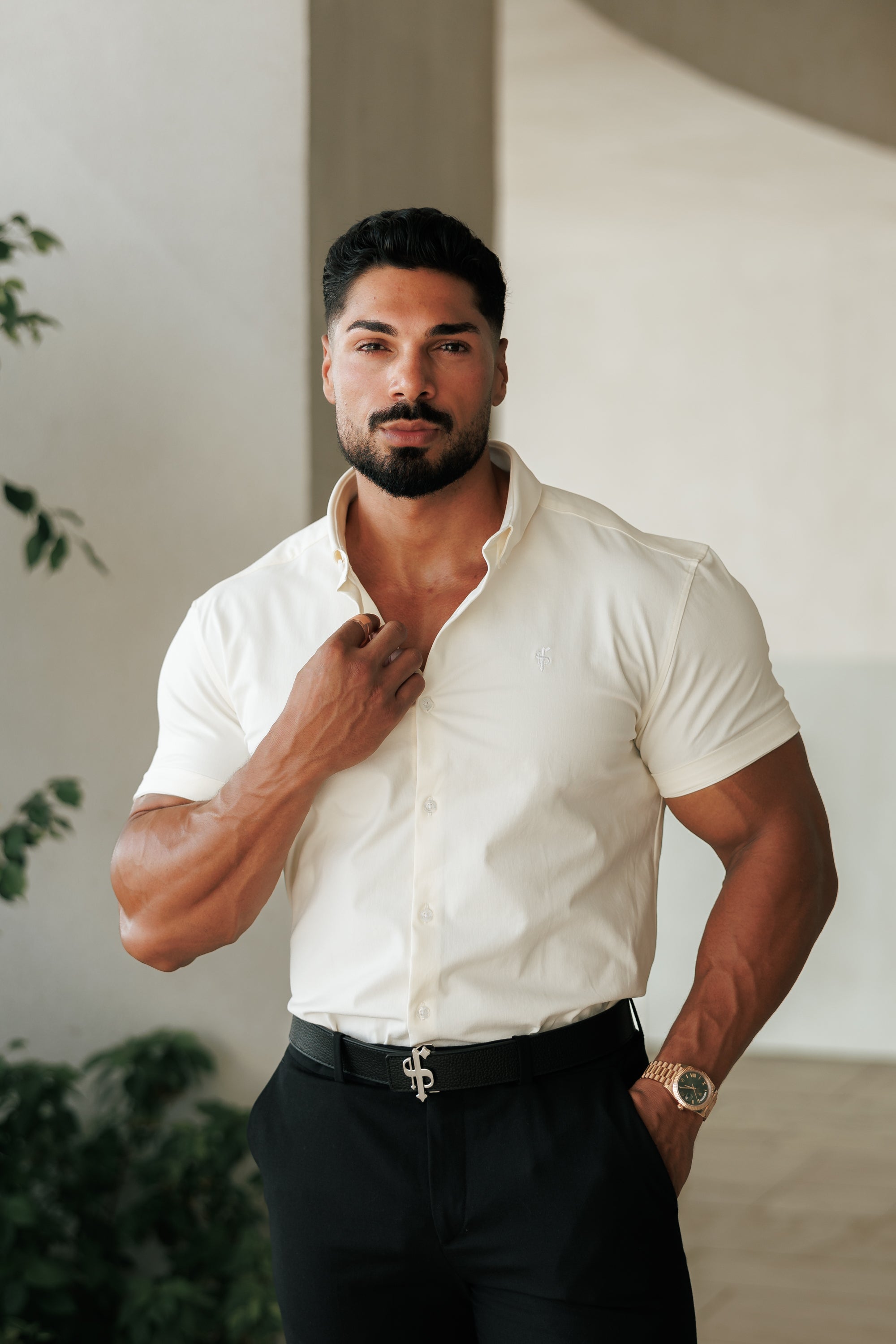 Super Slim Cream SS With Button Down Collar Short Sleeve - FS1099