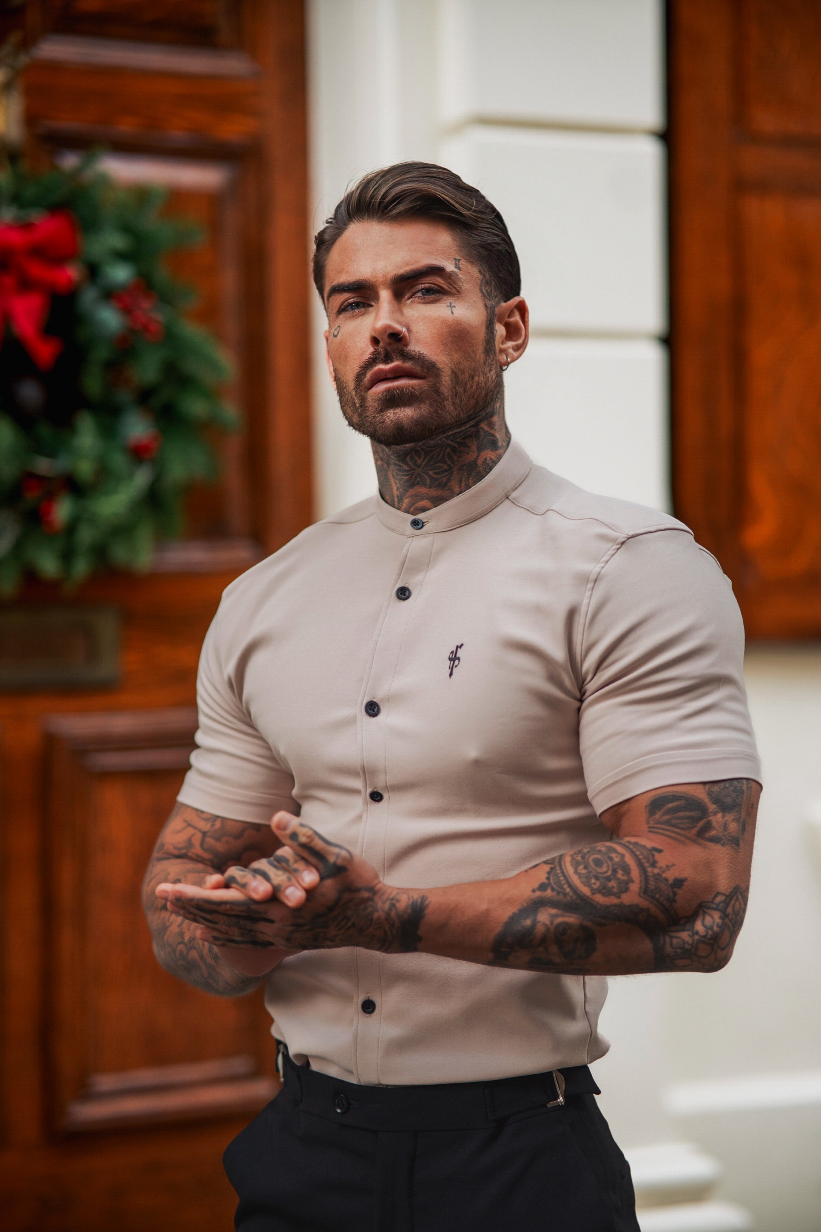Super Slim Scuba Beige Short Sleeve Stretch with Grandad Collar - FS940